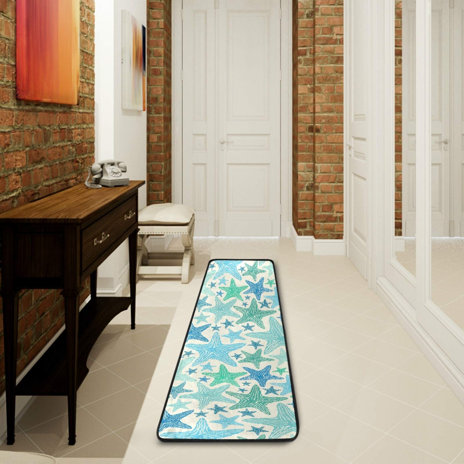 Non-Slip Blue Green Starfish Runner Rug 2x6 FT - Soft Indoor Hallway Carpet, Kitchen Floor Mat, Bathroom Doormat, Bedroom Entry Rug for Home Decor | Perfect for Coastal Theme Living Rooms, Beach House Entryways & Boho Chic Spaces