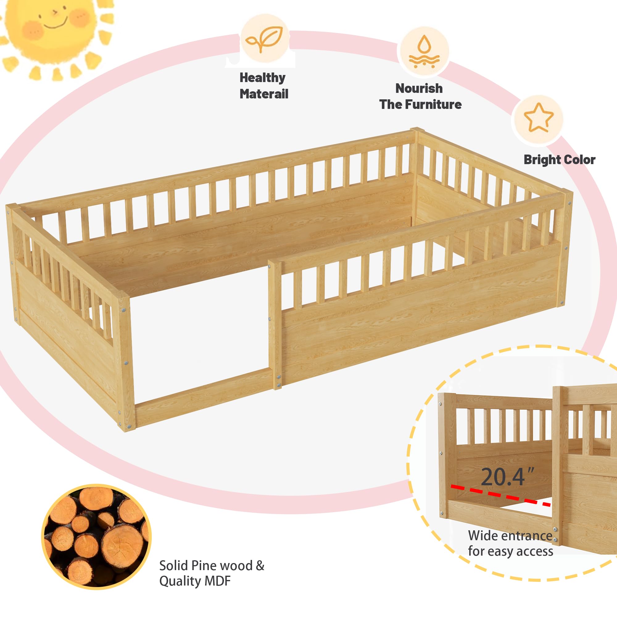 Montessori Floor Bed for Kids - Twin Size Wooden Playhouse Bed with High Safety Railings for Baby Boys, Girls & Teens | Natural Finish | No Slats Included | Perfect for Montessori Rooms, Playrooms & Toddler Bedrooms