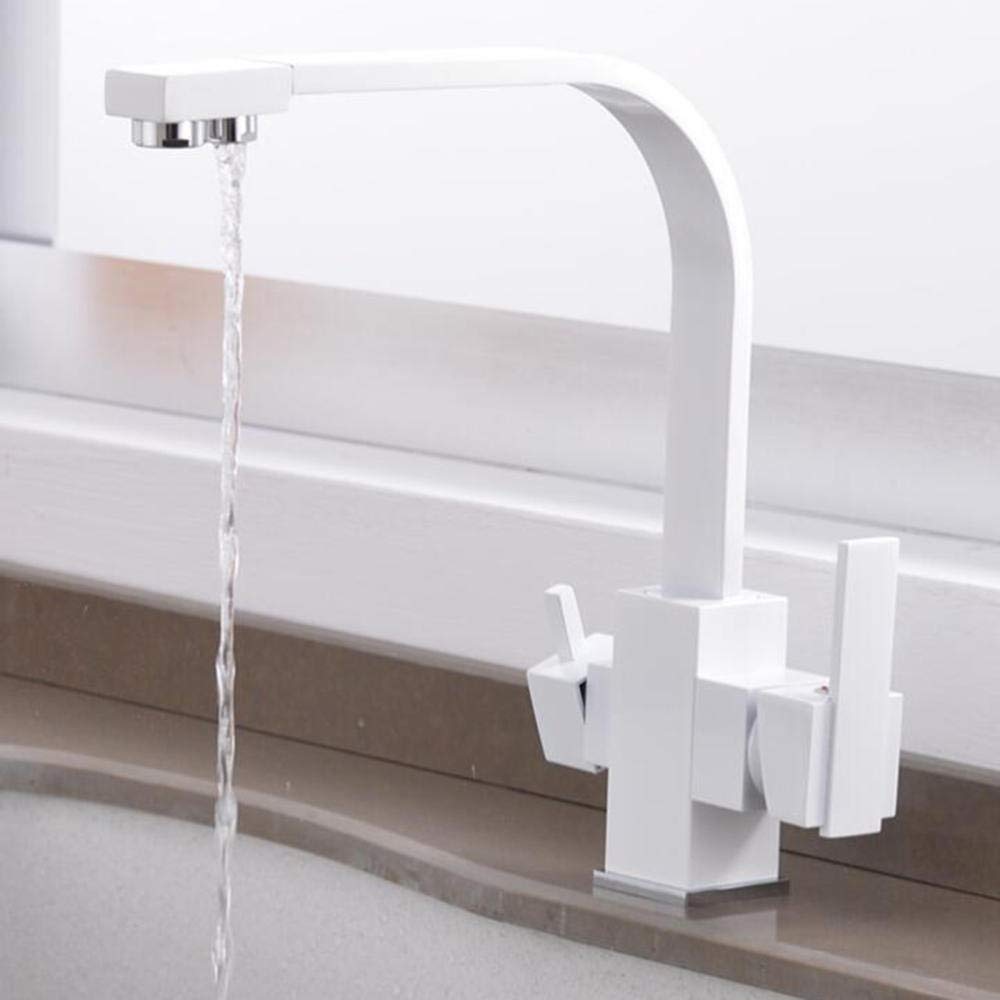3-Way Rotatable Brass Kitchen Faucet with Water Filter - Hot & Cold Water Dispenser - Multi-Function Pull-Out Sprayer - White (Perfect for Modern Kitchens, Home Renovation & Water Purification)