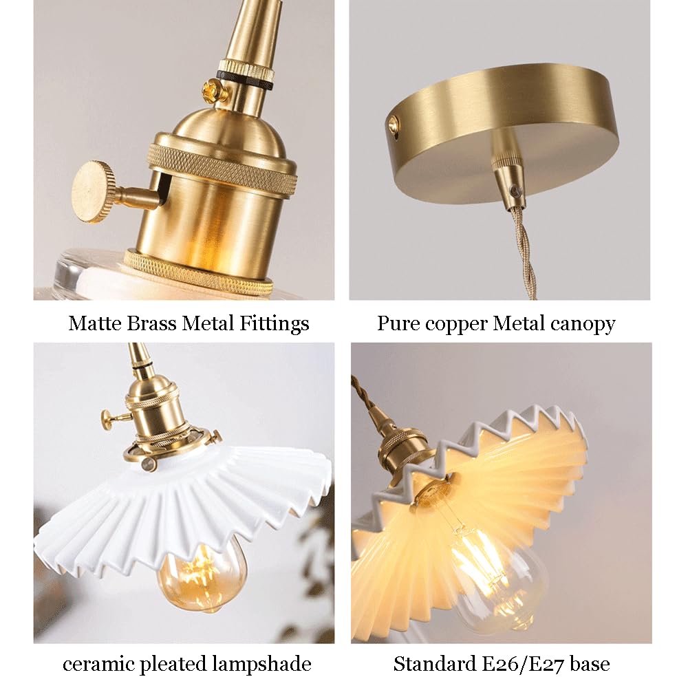 White Ceramic Pendant Light Fixture with On/Off Switch - Pleated Chandelier Design with E26 Socket - 7.87 Inch Diameter - Perfect for Kitchen Island, Dining Room, Hallway & Modern Home Decor Lighting