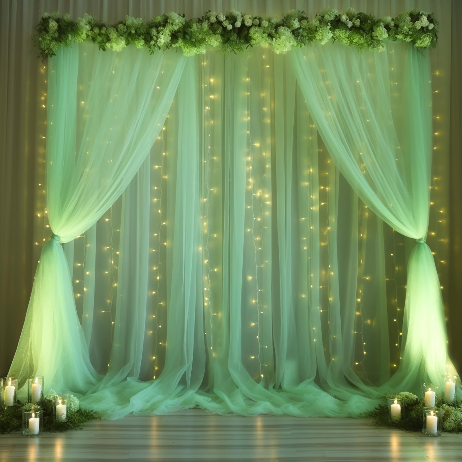 30x10ft Olive Green Tulle Backdrop Curtain with Fairy Lights - Elegant Sheer Fabric for Wedding, Baby Shower, Birthday Party Decor | Perfect for Photo Booths, Bridal Showers & Event Photography Backdrops