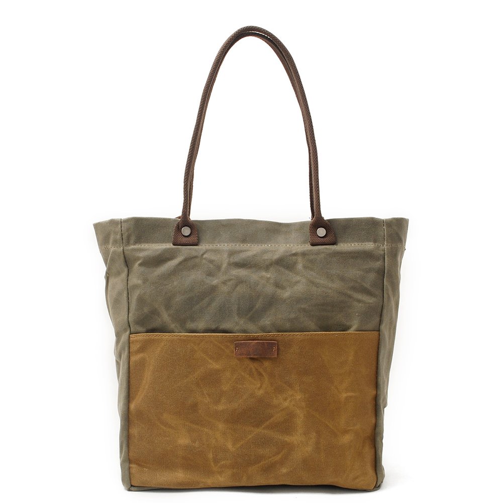 Durable Women's Waxed Canvas Tote Bag with Genuine Leather Trim - Waterproof Shoulder Purse for Work, Travel & Everyday Use - Fits 14