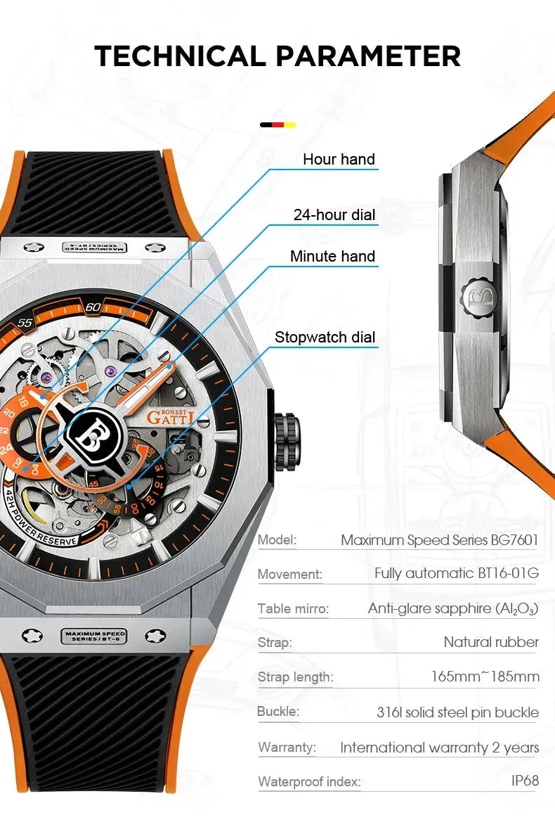 BONEST GATTI Men's Luxury Automatic Skeleton Mechanical Watch - 50M Waterproof, Luminous Hands, Sapphire Crystal, 42-Hour Power Reserve - Perfect for Business, Formal Events & Daily Wear