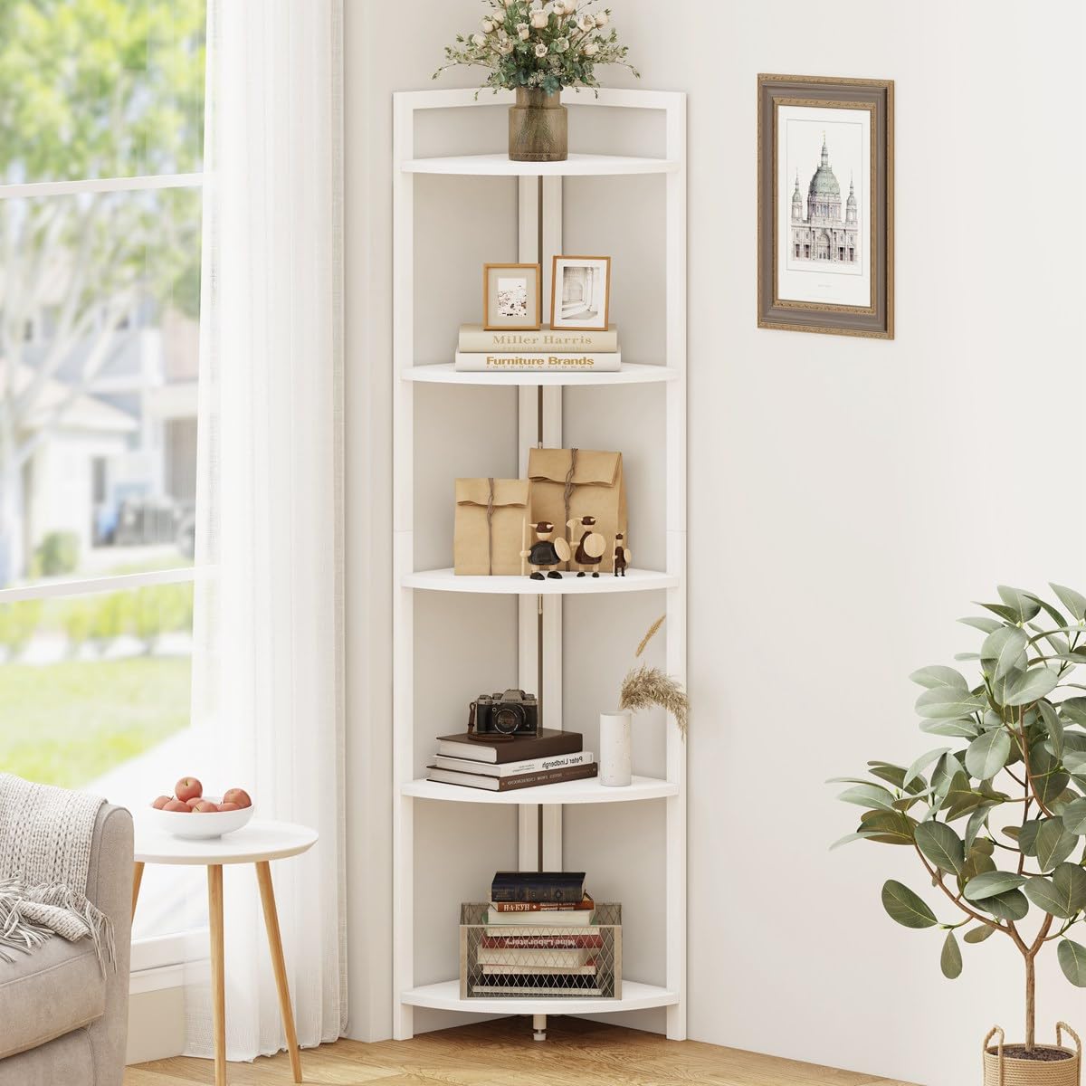 FATORRI 5-Tier Tall Corner Shelf - Modern Wood & Metal Bookshelf for Living Room, Home Office - Corner Plant Stand, Bookcase - White Oak - Perfect for Small Spaces & Stylish Storage