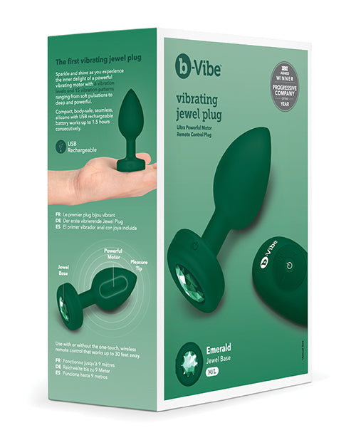 B Vibe Rechargeable Vibrating Jewel Plug with Remote Control - Silicone Anal Plug for Men & Women - Medium/Large Size - Emerald Green - Perfect for Couples Play & Solo Pleasure