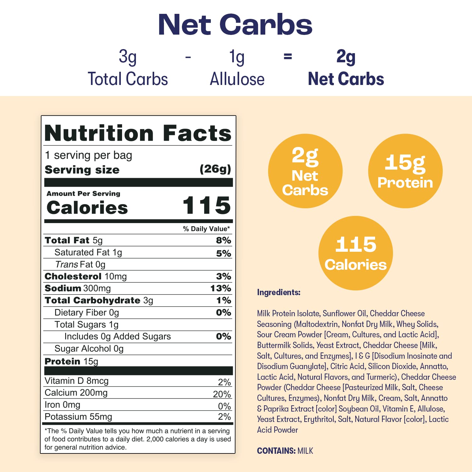Keto Chips - Low Carb, Low Sugar, Gluten Free Protein Snacks - 15g Protein, Low Calories - Cheddar Cheese Flavor (12 Bags) - Perfect for School Lunches, Office Snacks & Keto Diet