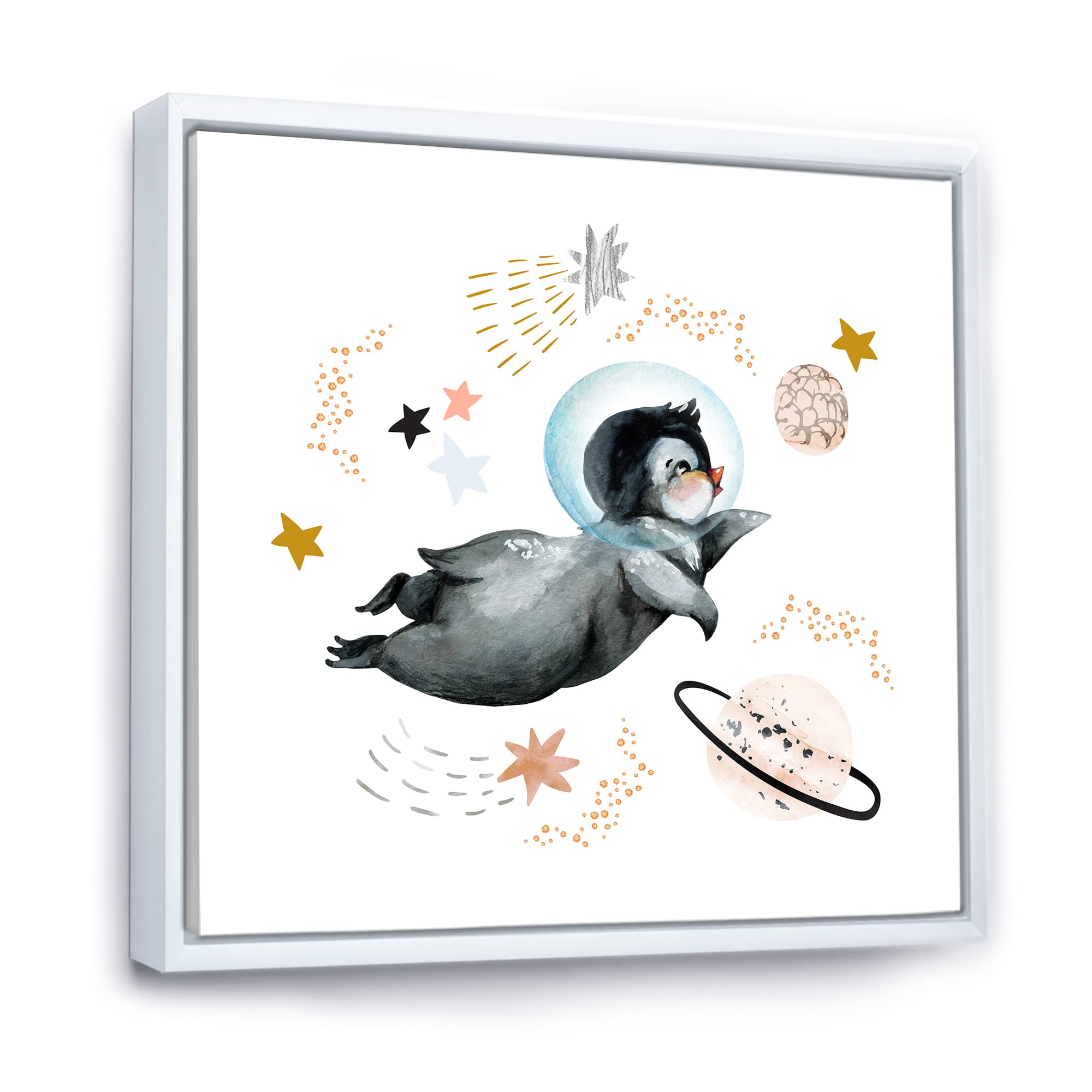 DesignQ Little Penguin Flying Stars and Planets II - Farmhouse Framed Canvas Wall Art Print for Living Room, Nursery & Kids Bedroom Decor