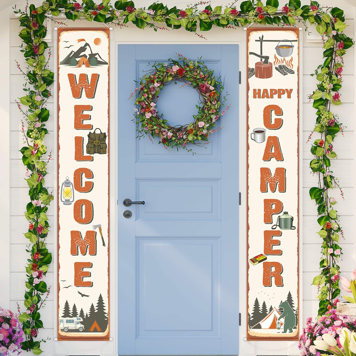 2 Pack Camping Party Banner Decorations - Welcome Porch Sign for Camping Themed Birthday, Baby Shower & Outdoor Events - Perfect for Backyard Parties, RV Camping & Glamping Decor