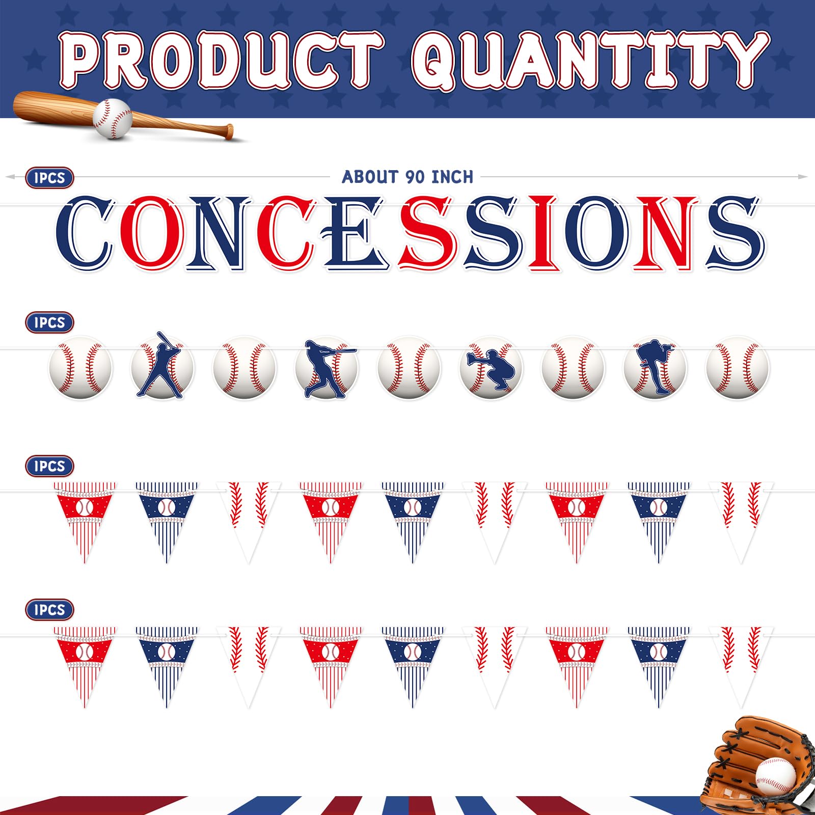 KALEFO Baseball Party Decorations Set - 4PCS Sports Theme Birthday Banner & Triangle Flags for Baby Shower, Game Day & Team Celebrations