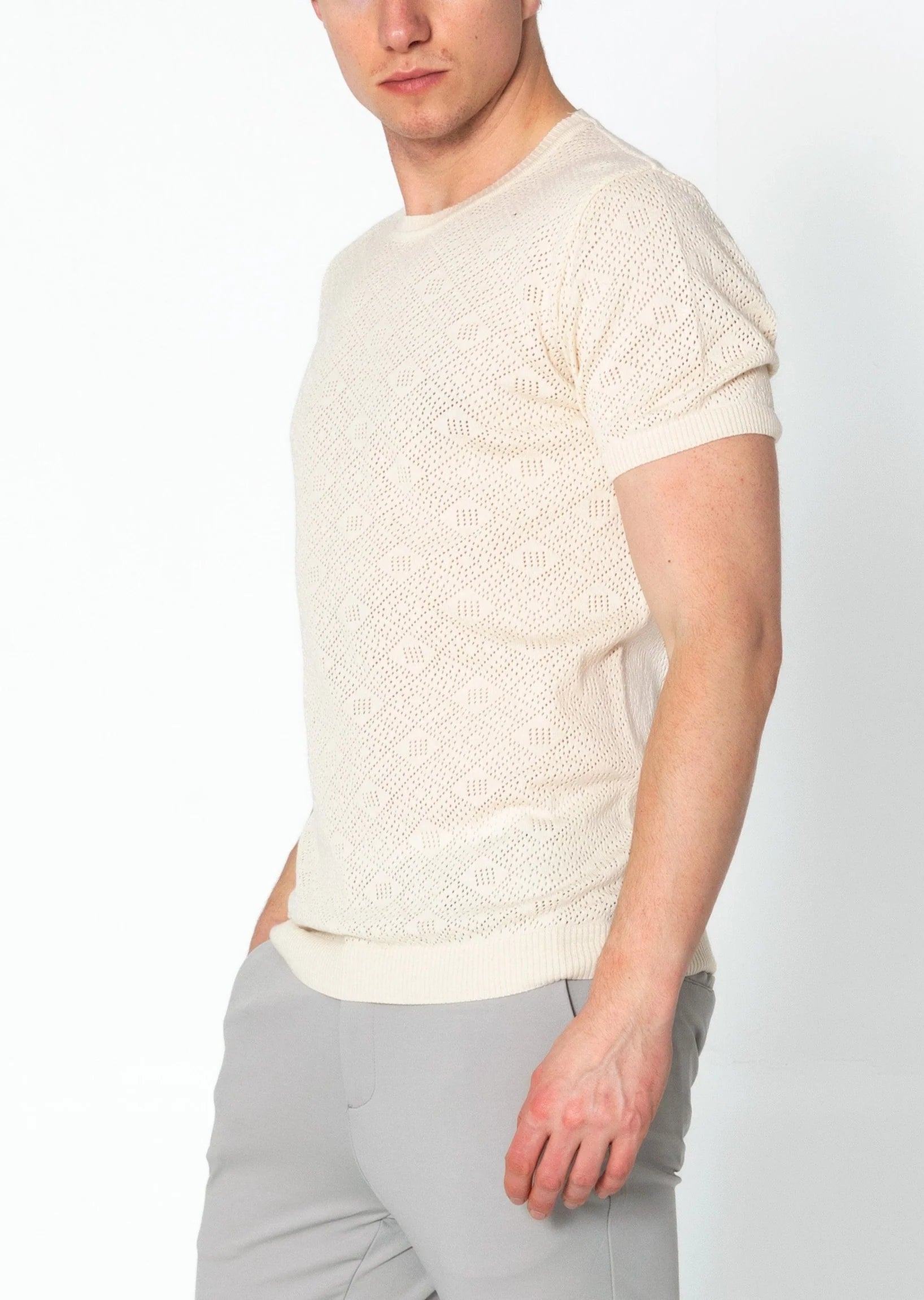 RNT23 Geometric Crochet T-Shirt in Beige - Stylish Boho Top for Women, Perfect for Casual Outings & Summer Fashion