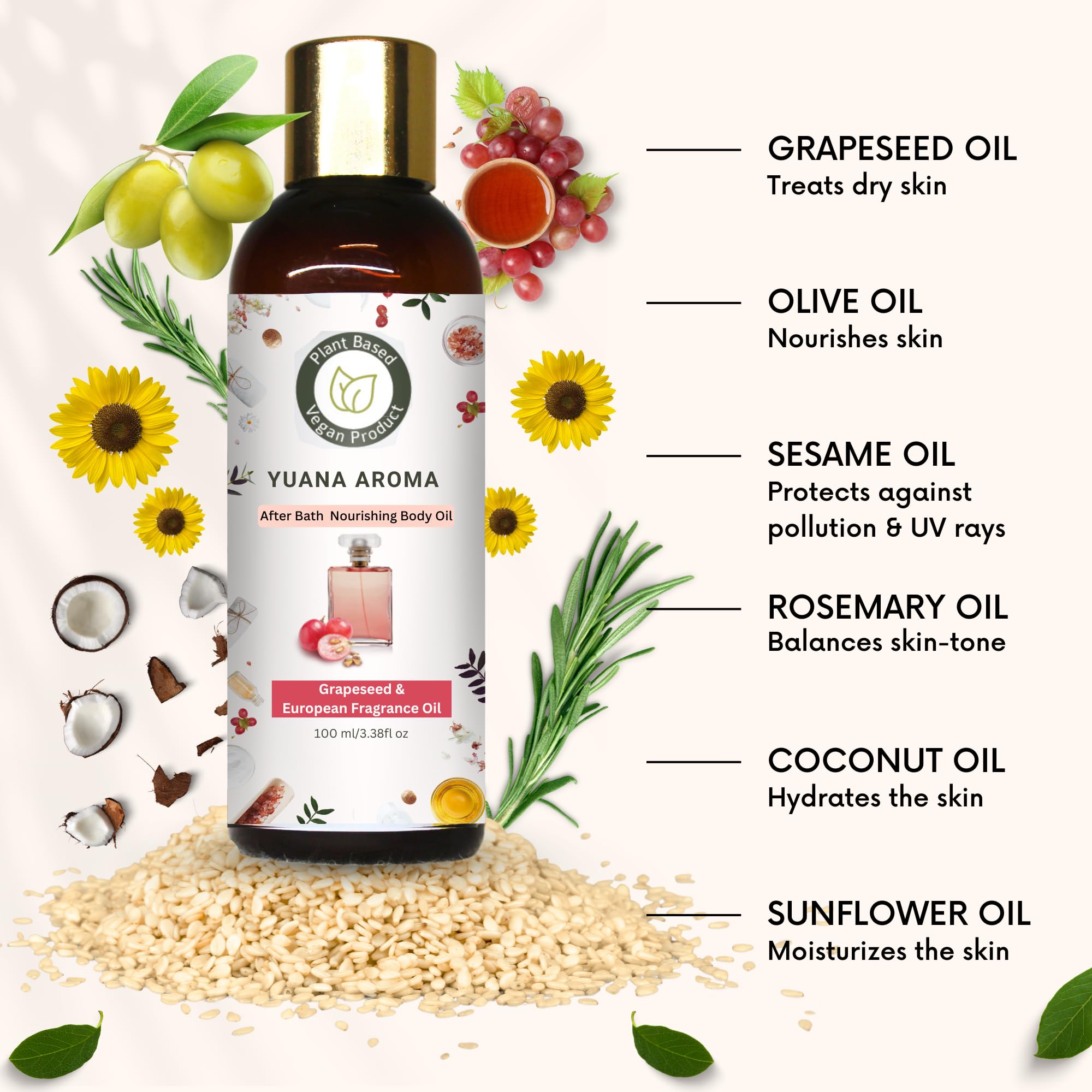 Yuana Aroma After Bath Nourishing Body Oil - 100% Natural with Olive & Grapeseed Oils | Deeply Moisturizes & Replenishes Nutrients for All Skin Types | Perfect for Post-Shower Hydration & Relaxation | 100ml