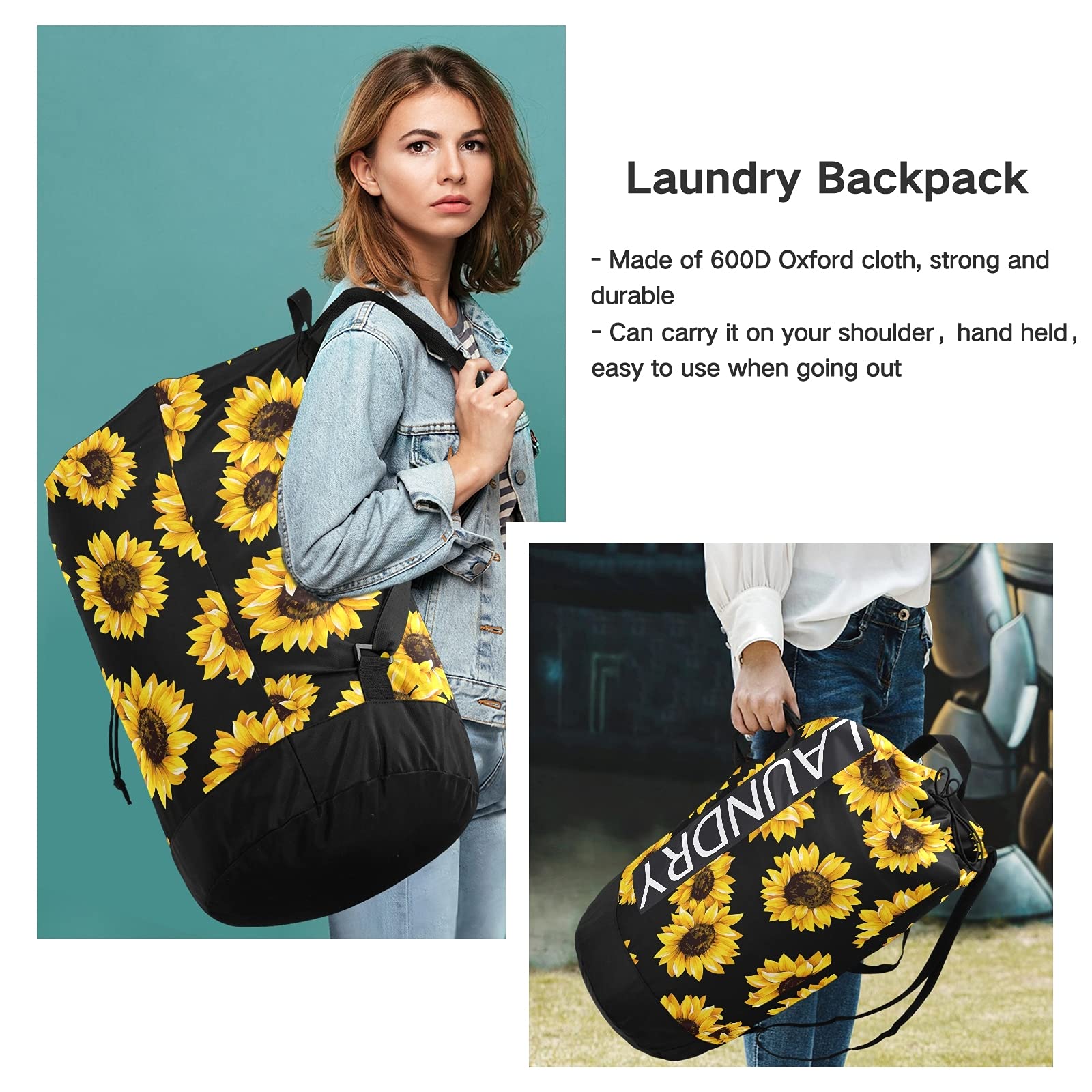 Black Mesh Laundry Backpack - Sunflower Design Wash Bag for Dirty Clothes | College, Travel, Camping & Dorm Essentials | Perfect for Laundry Day, Gym & Sports Gear Storage