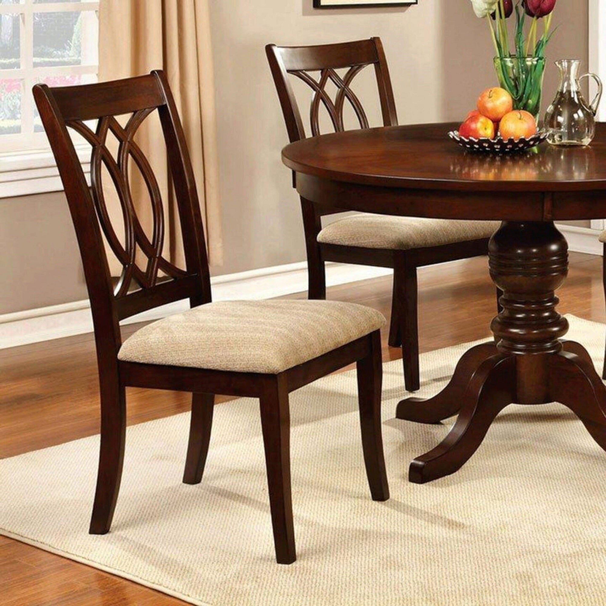 Classic Transitional Dining Chairs Set of 2 - Brown Cherry Solid Wood with Padded Fabric Seat - Elegant Side Chairs for Dining Room - Perfect for Family Dinners & Entertaining Guests
