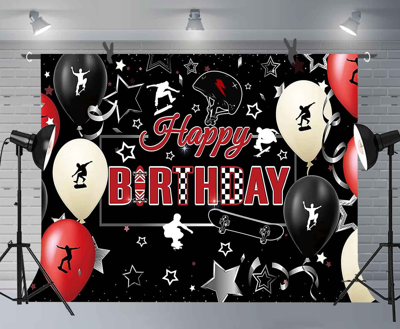 7x5ft Skateboard Happy Birthday Backdrop - Extreme Sports Theme Photography Background with Balloons & Helmet Props for Teen Birthday Party, Photo Booth Decorations | Perfect for Skateboarding-Themed Parties, Youth Celebrations & Action Sports Events