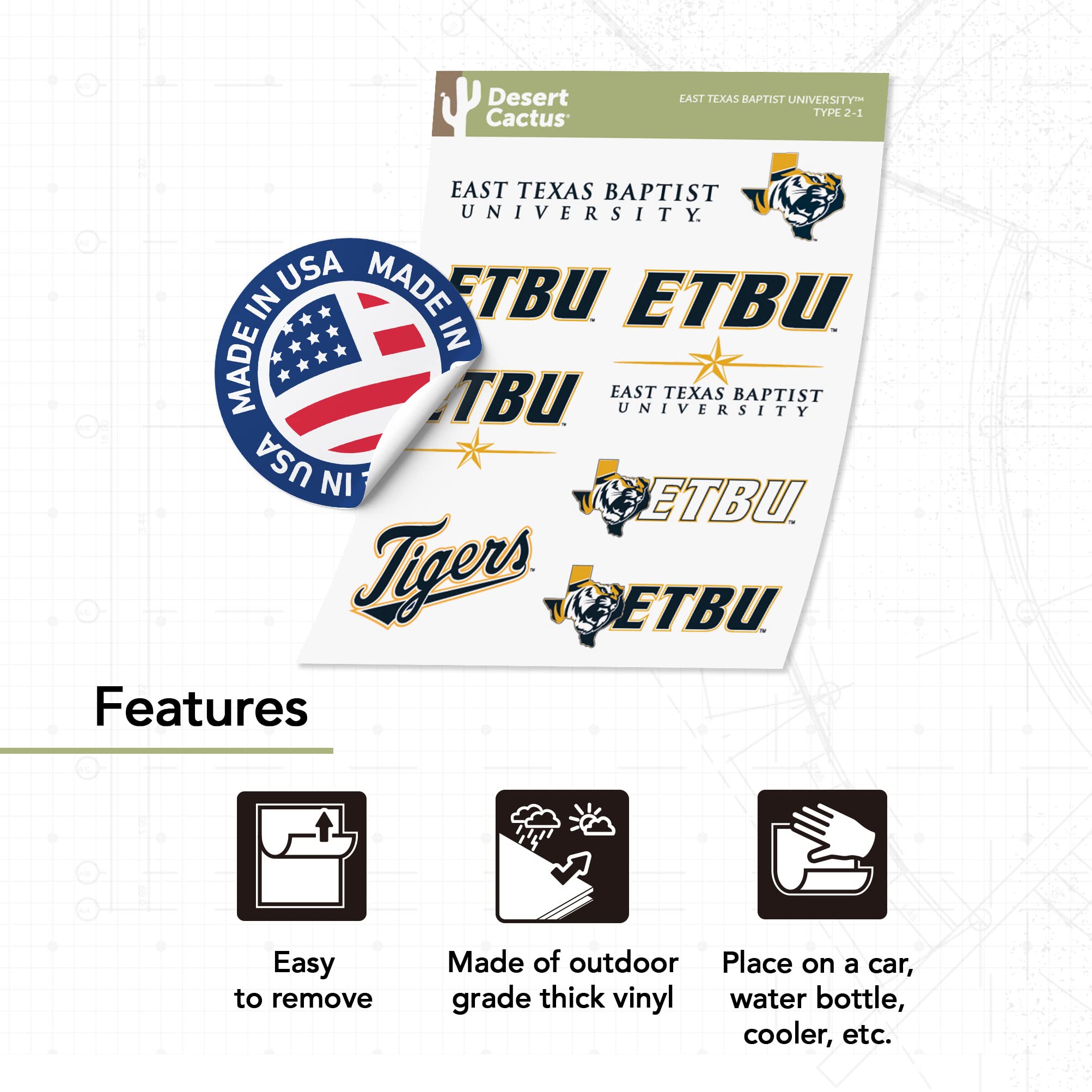 ETBU Tigers Vinyl Decals - Desert Cactus East Texas Baptist University Stickers for Laptop, Water Bottle, Car & Scrapbook (13.46x10.91 Inch Sheet) - Perfect for School Spirit, College Dorm Decor & Fan Accessories