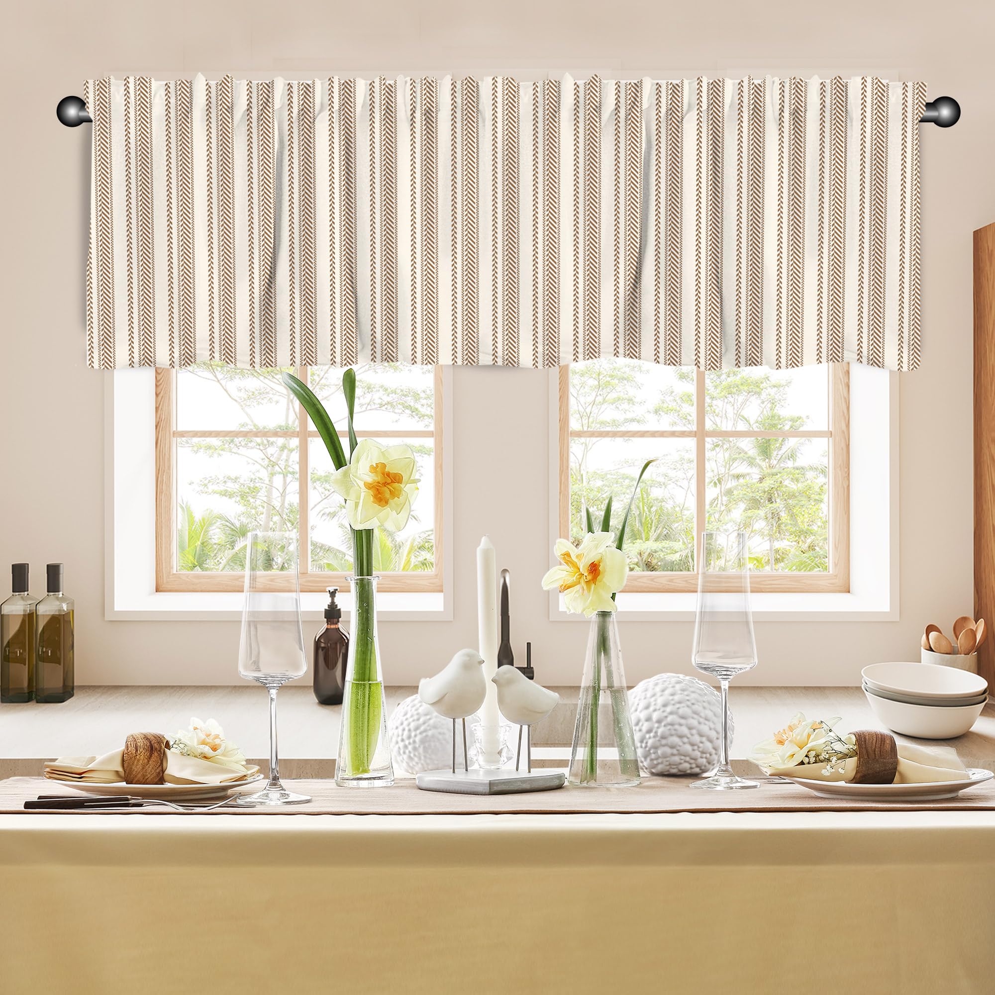Hexagon Window Valance 54x18 Inches - Beige Kitchen Valance Curtain with Rod Pocket for Bedroom & Living Room - Elegant Home Decor for Windows, Dorm, Apartment