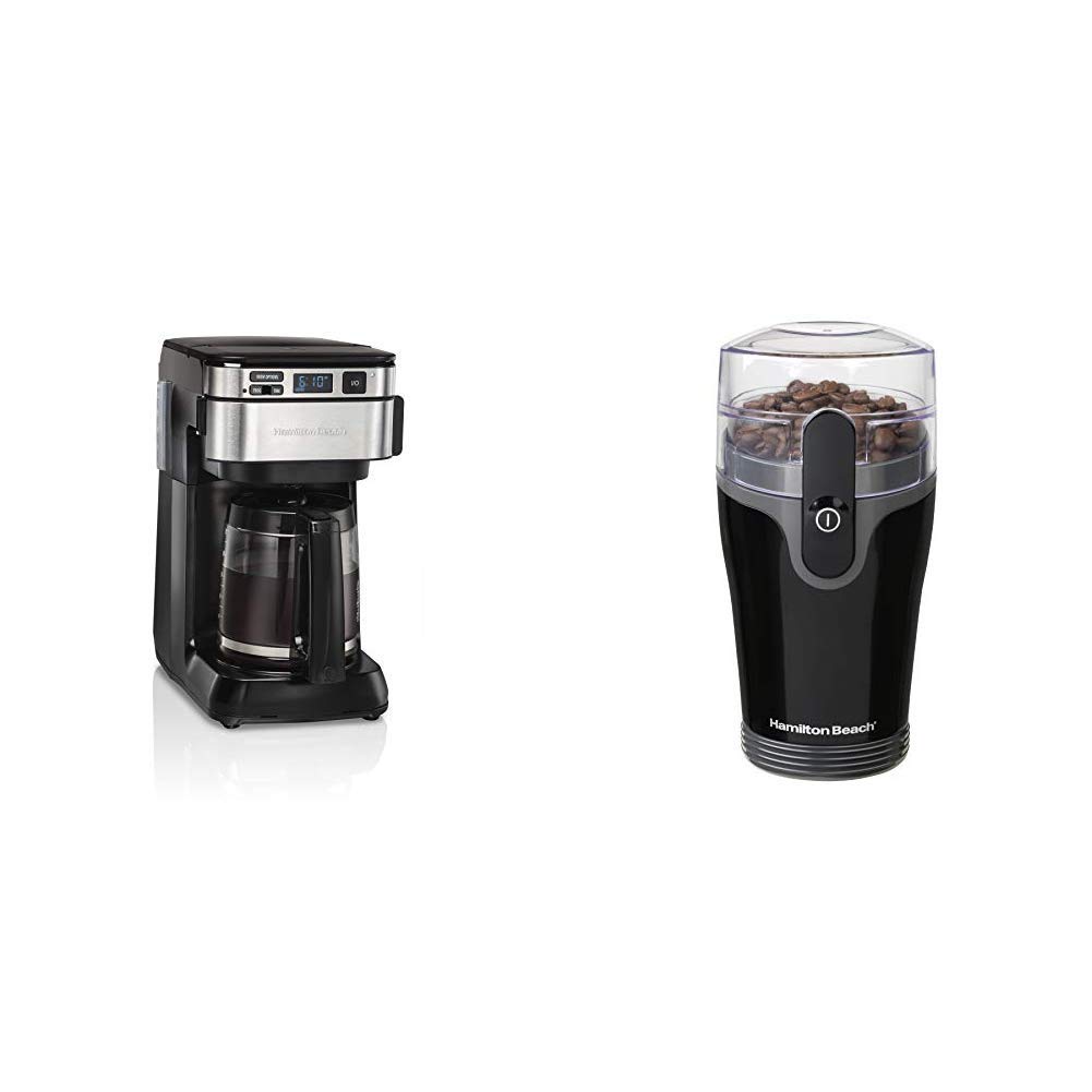 Hamilton Beach 12-Cup Programmable Coffee Maker with Front Access Easy Fill & Fresh Grind 4.5oz Electric Coffee Grinder Set - Black (46310 & 80335R) - Perfect for Home, Office and Kitchen Use