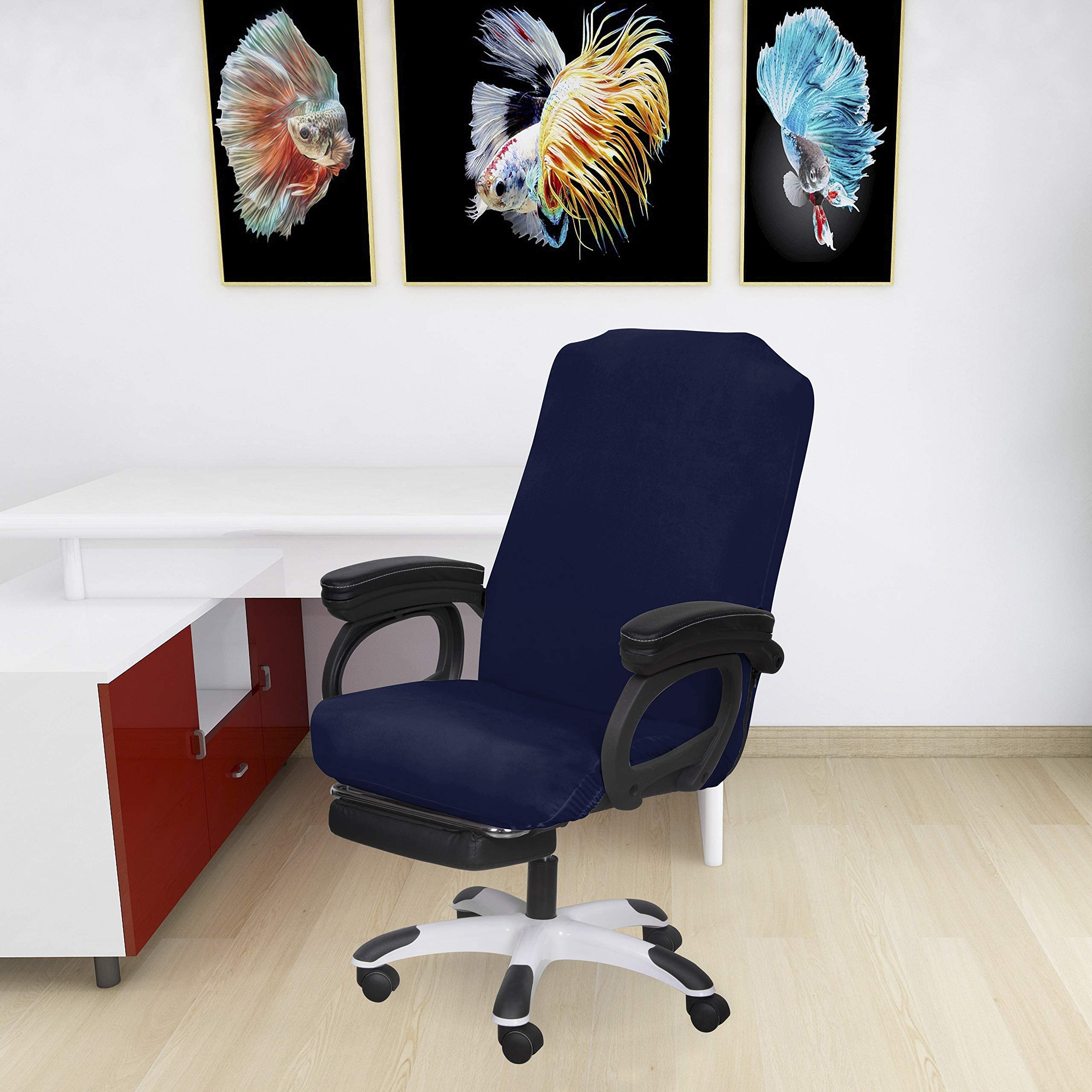 SARAFLORA Washable Office Chair Cover - Medium Size, Navy Blue - Universal Removable Zippered Computer Chair Protector for Desk & Rotating Chairs - Pet-Friendly Seat Cover for Home & Office Use