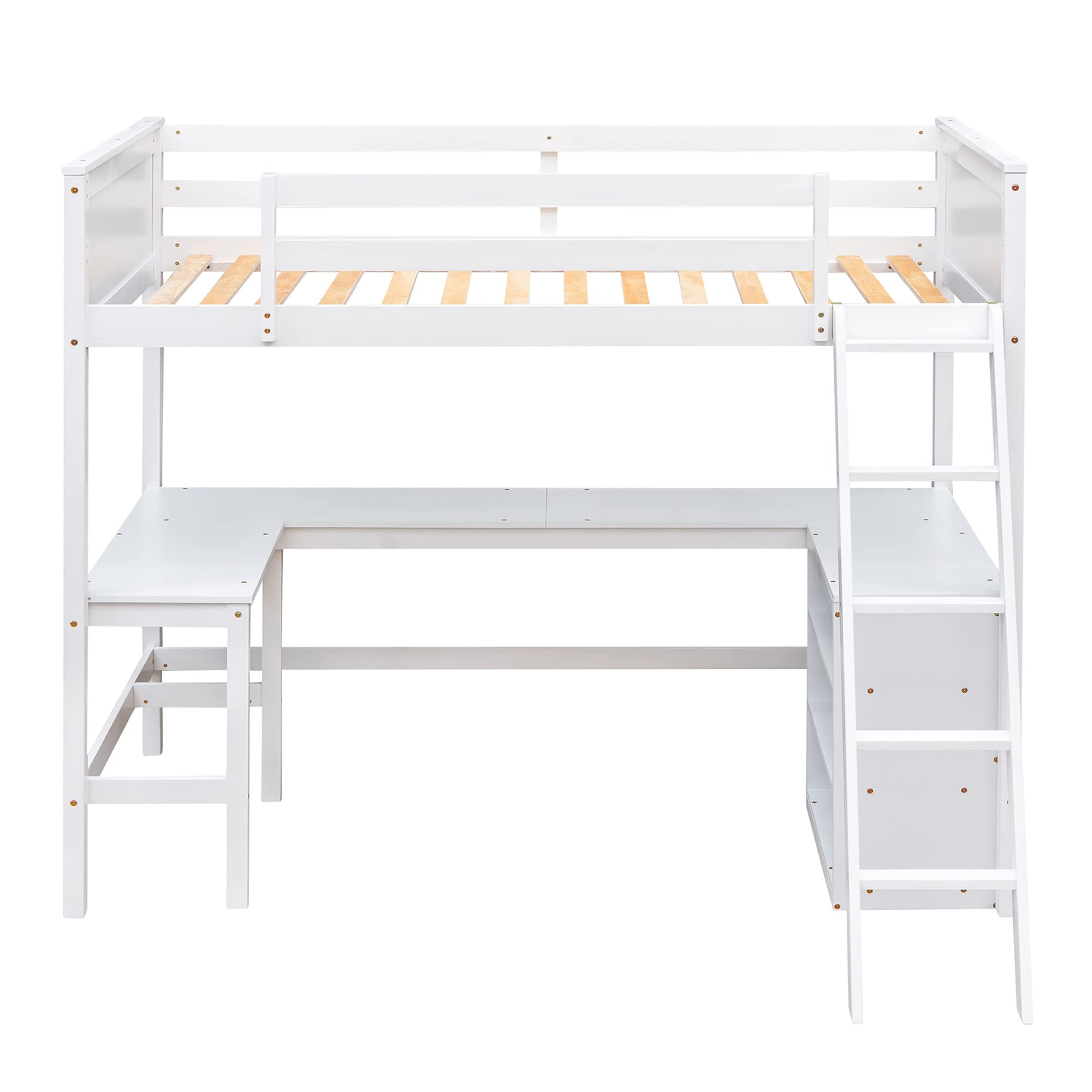 P PURLOVE Twin Loft Bed Frame with Shelves & Desk - Sturdy Wood Loft Bed for Teens, Kids & Adults - Space-Saving Design with Angled Ladder - No Box Spring Needed (White) - Perfect for Small Bedrooms, Dorms & Studio Apartments