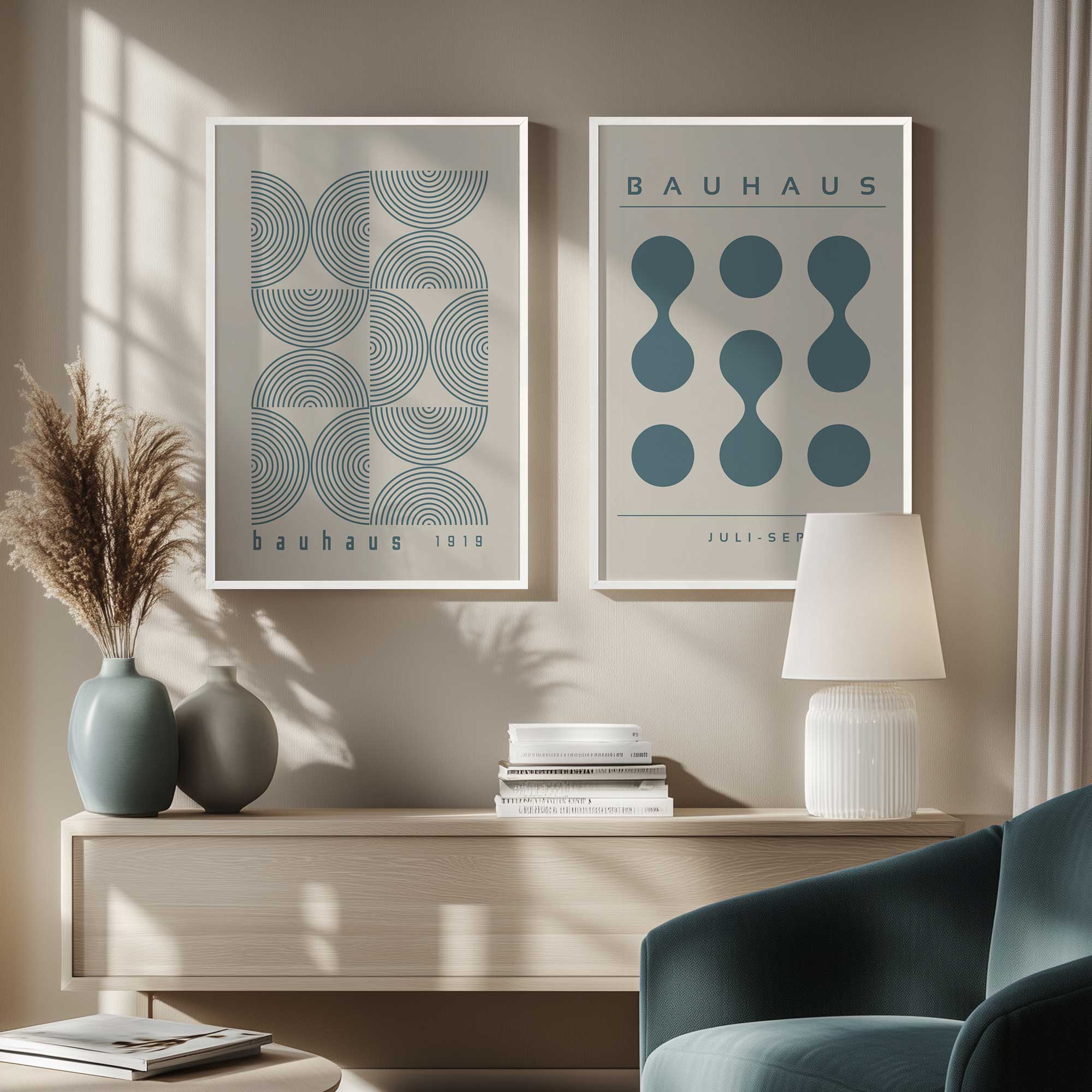 Bauhaus Flow and Composition in Storm Blue - Set of 2 Art Prints for Modern Home & Office Decor | Wall Art for Living Room, Bedroom or Workspace