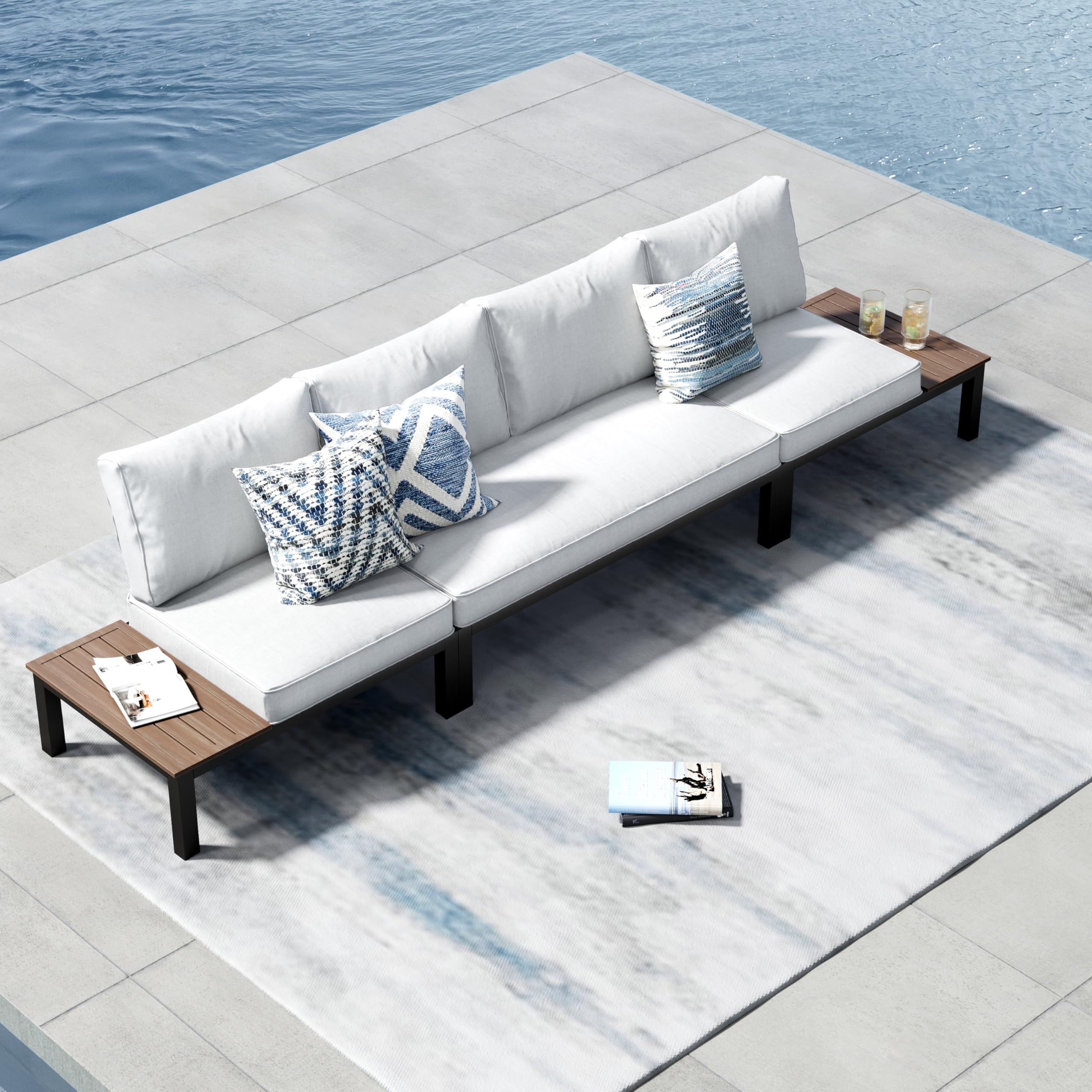 PHI VILLA 3-Piece Metal Patio Furniture Set with Coffee Table & Removable Cushions - Outdoor Modular Sectional Sofa for Backyard, Garden, Poolside & Deck - Light Grey Weather-Resistant Conversation Set