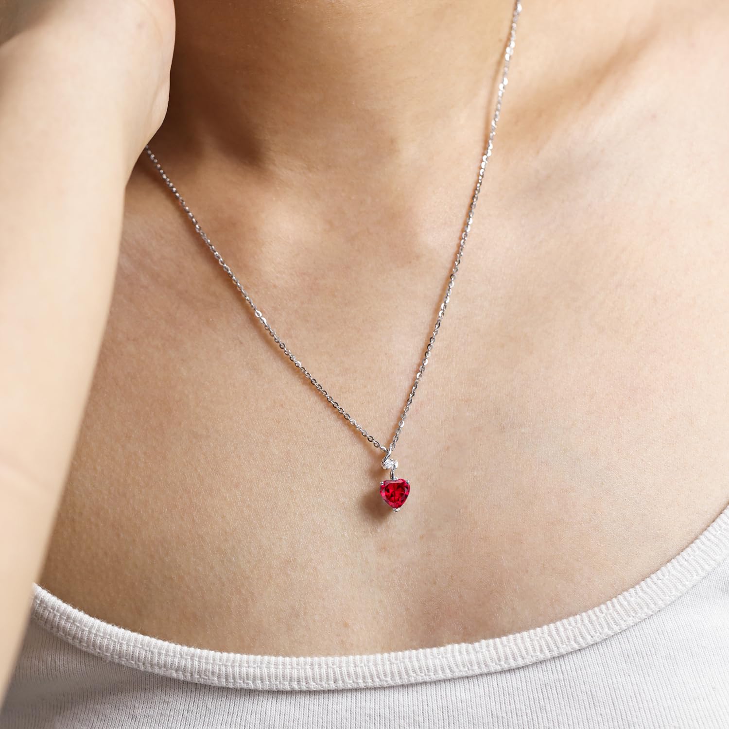 14K Solid White Gold Diamond & Gemstone Heart Pendant Necklace with Sterling Silver Chain - 8mm Birthstone Jewelry for Women, Perfect Anniversary & Birthday Gift for Mom, Wife - Ideal for Weddings, Parties & Special Occasions