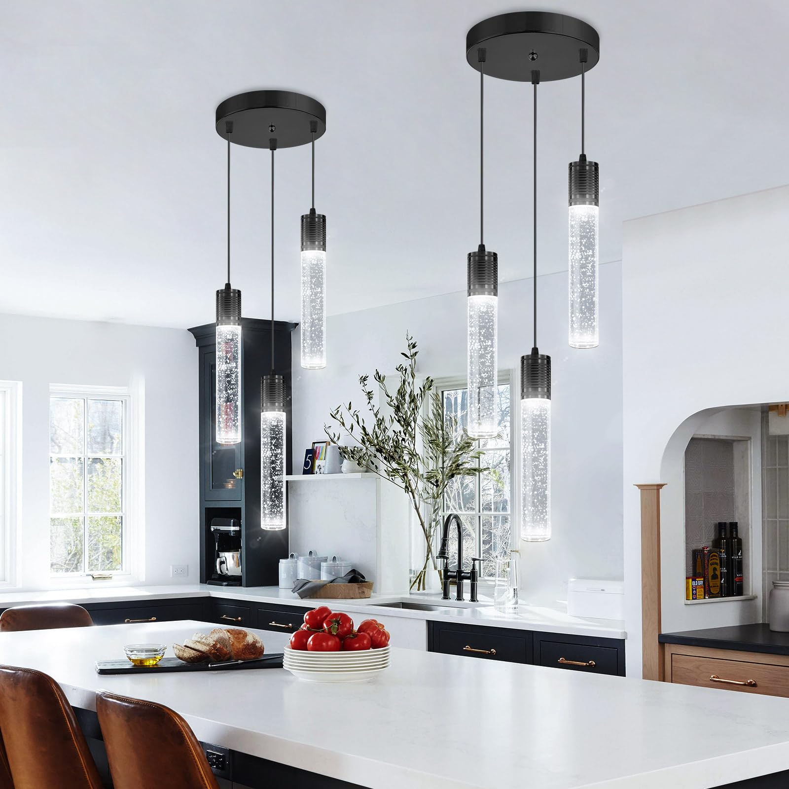 3-Lights Pendant Lighting Fixture - Modern Crystal Chandelier for Kitchen Island, Dining Room & Bedroom - 6000K White LED Black Hanging Lights - Perfect for Home Decor, Restaurant & Office Spaces