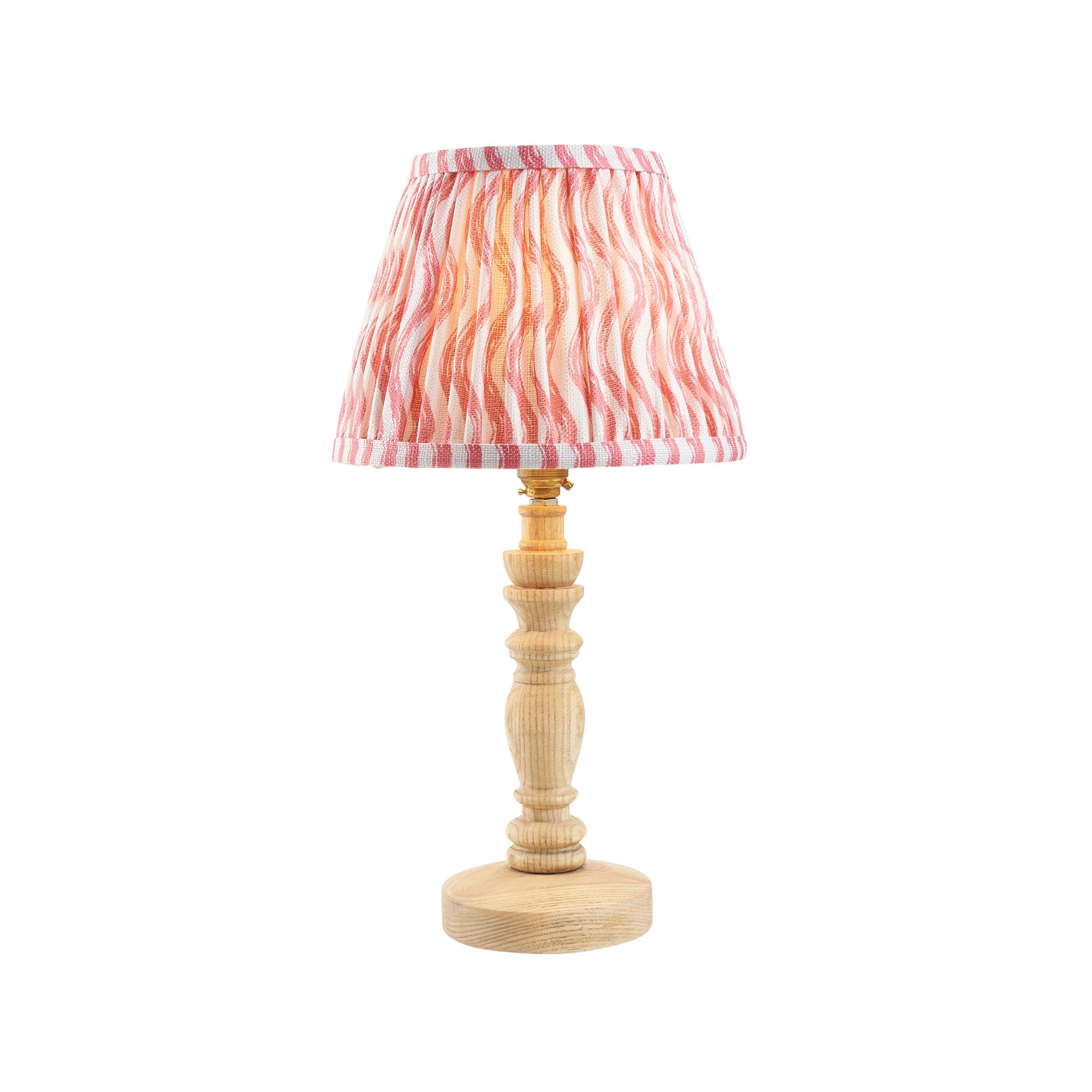 Bibury Wooden Table Lamp with 20cm Coral Pink Ripple Shade - Modern Bedside Lighting for Home, Office & Living Room Decor