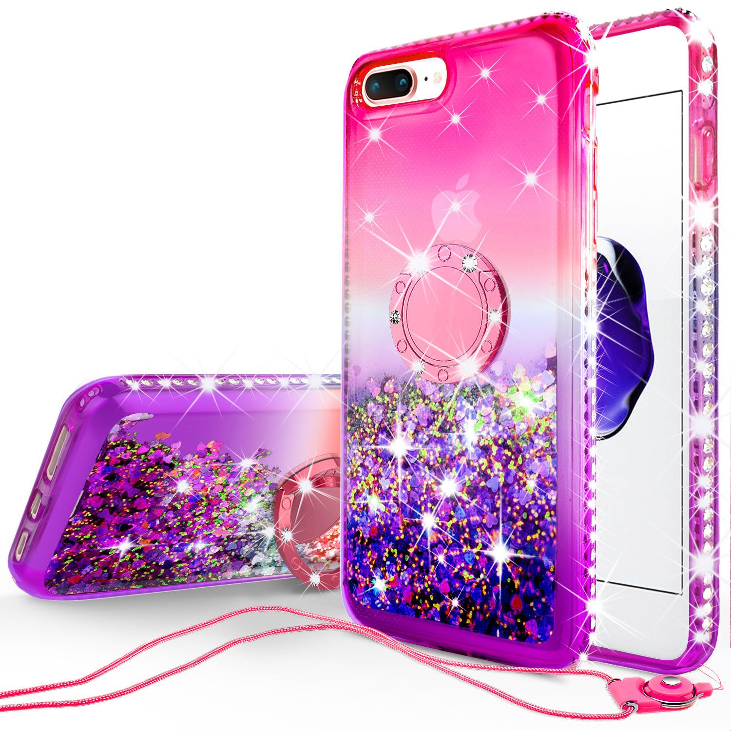 Cute Shockproof Liquid Glitter Phone Case with Ring Kickstand for iPhone 7 Plus/8 Plus - Hot Pink & Purple | Trendy Protective Case for Women & Girls | Perfect for Everyday Use, Parties & Travel