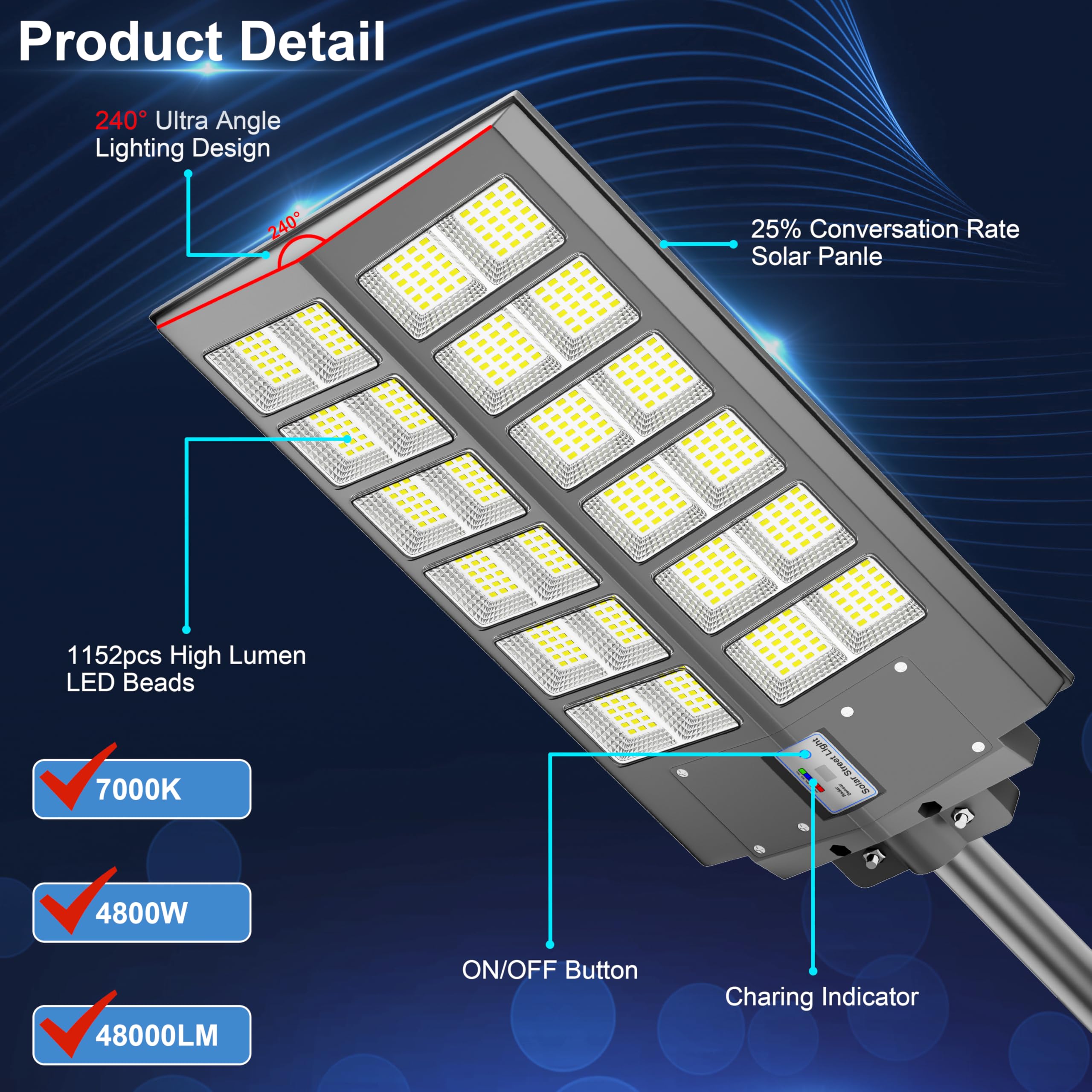 4800W Solar Street Light - 240,000LM Dusk to Dawn Outdoor Lighting - IP67 Waterproof with Motion Sensor - Solar Powered Parking Lot Lights for Yard, Road, Pathway & Driveway - Energy Efficient Wide Angle Solar Lamp for Home & Commercial Use