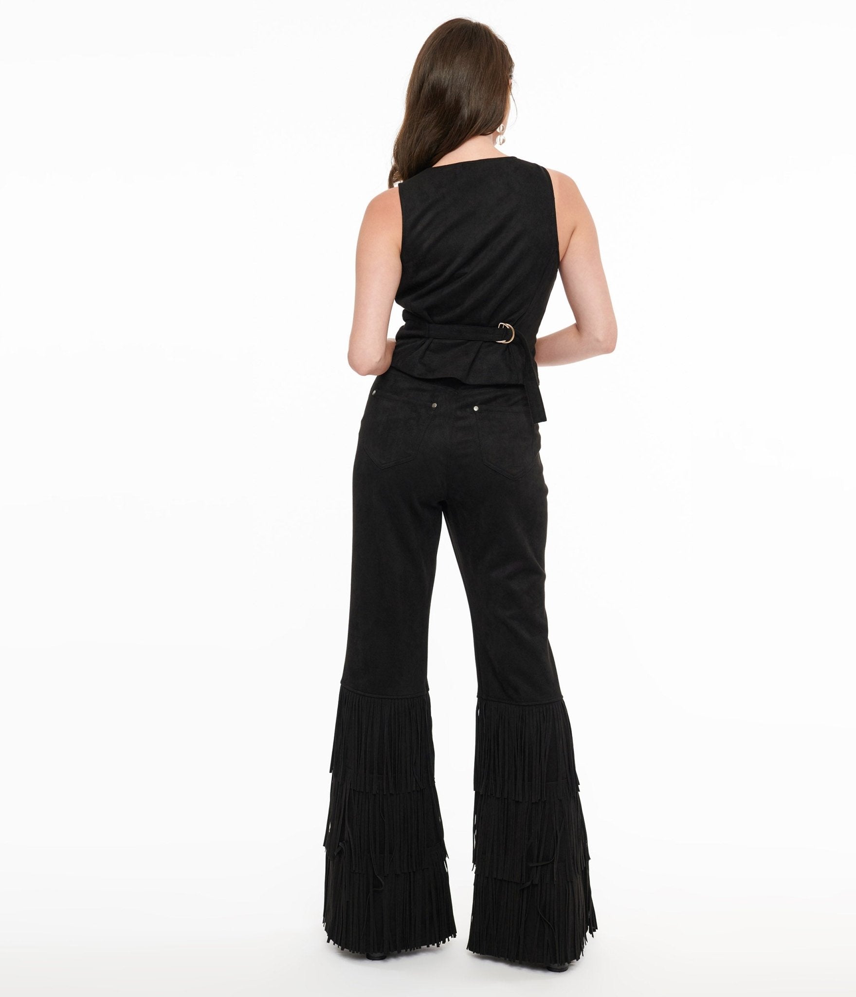 Smak Parlour 1970s Vintage Black Suede High Waist Flare Pants with Tassel Details - Retro Boho Chic Pants for Women, Perfect for Music Festivals & 70s Theme Parties