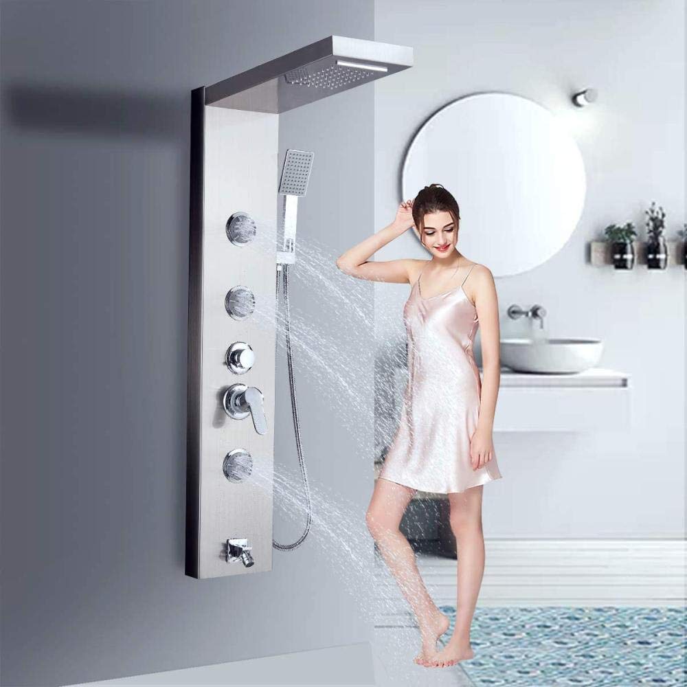 Premium 304 Stainless Steel Shower Panel Tower with 3 Massage Jets, Mixer Tap, Waterfall Rain Shower, Hand Shower & Tub Spout - Wall Mounted Bathroom Set for Luxury Spa Experience at Home
