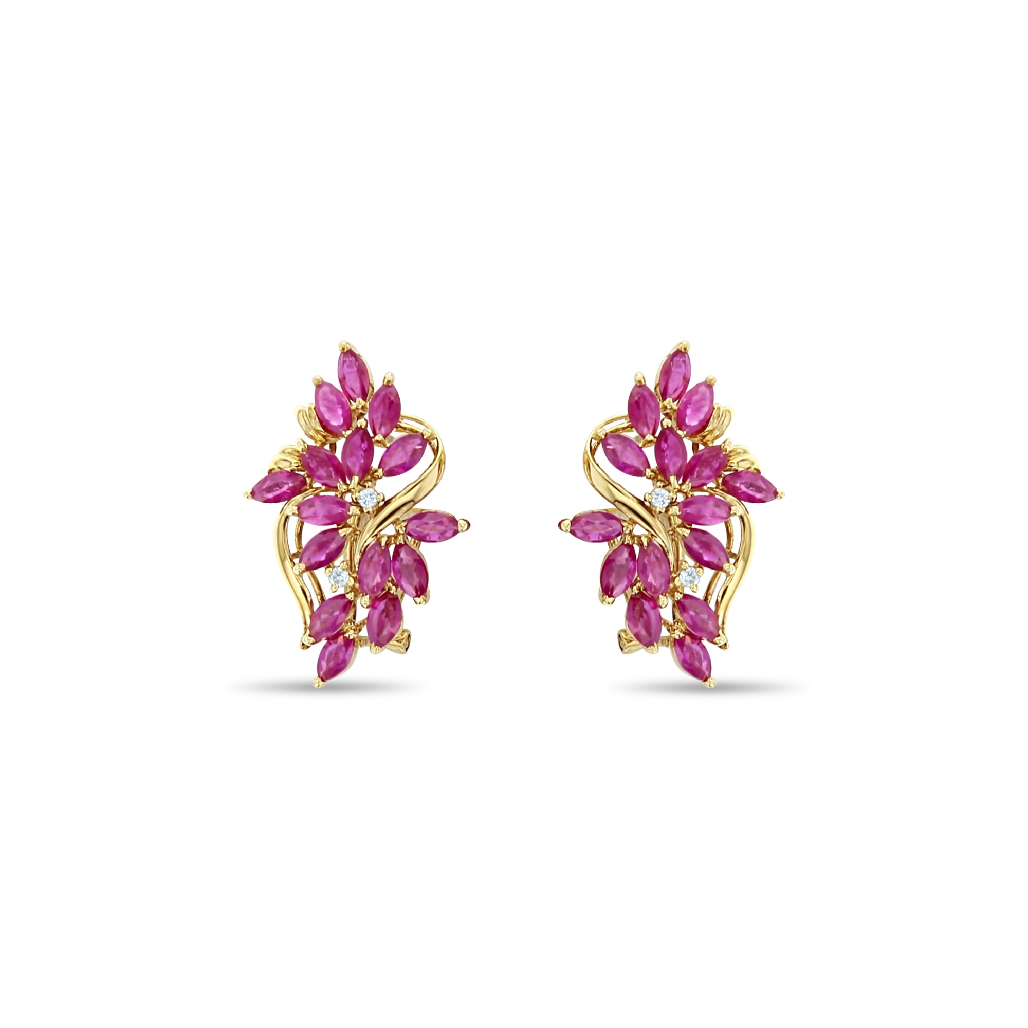 14K Yellow Gold Ruby Floral Cluster Earrings – Elegant Dangle Earrings for Women, Perfect for Weddings, Parties & Special Occasions