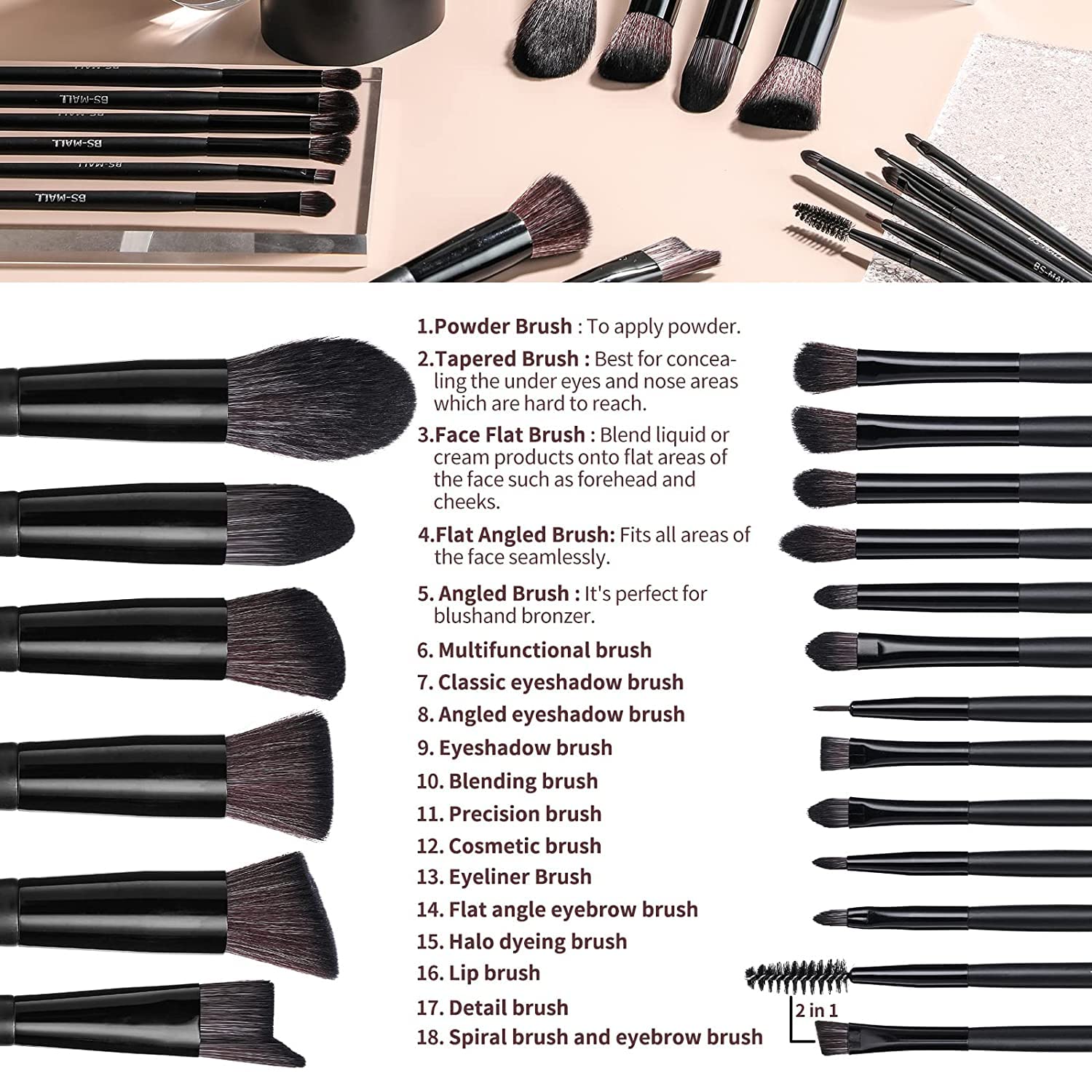 Sunaina 32-Piece Premium Makeup Brush Set with Leather Bag - Foundation, Eyeshadow, Blending & Powder Brushes for Professional Makeup Application - Perfect for Home, Travel & Salon Use (Black)