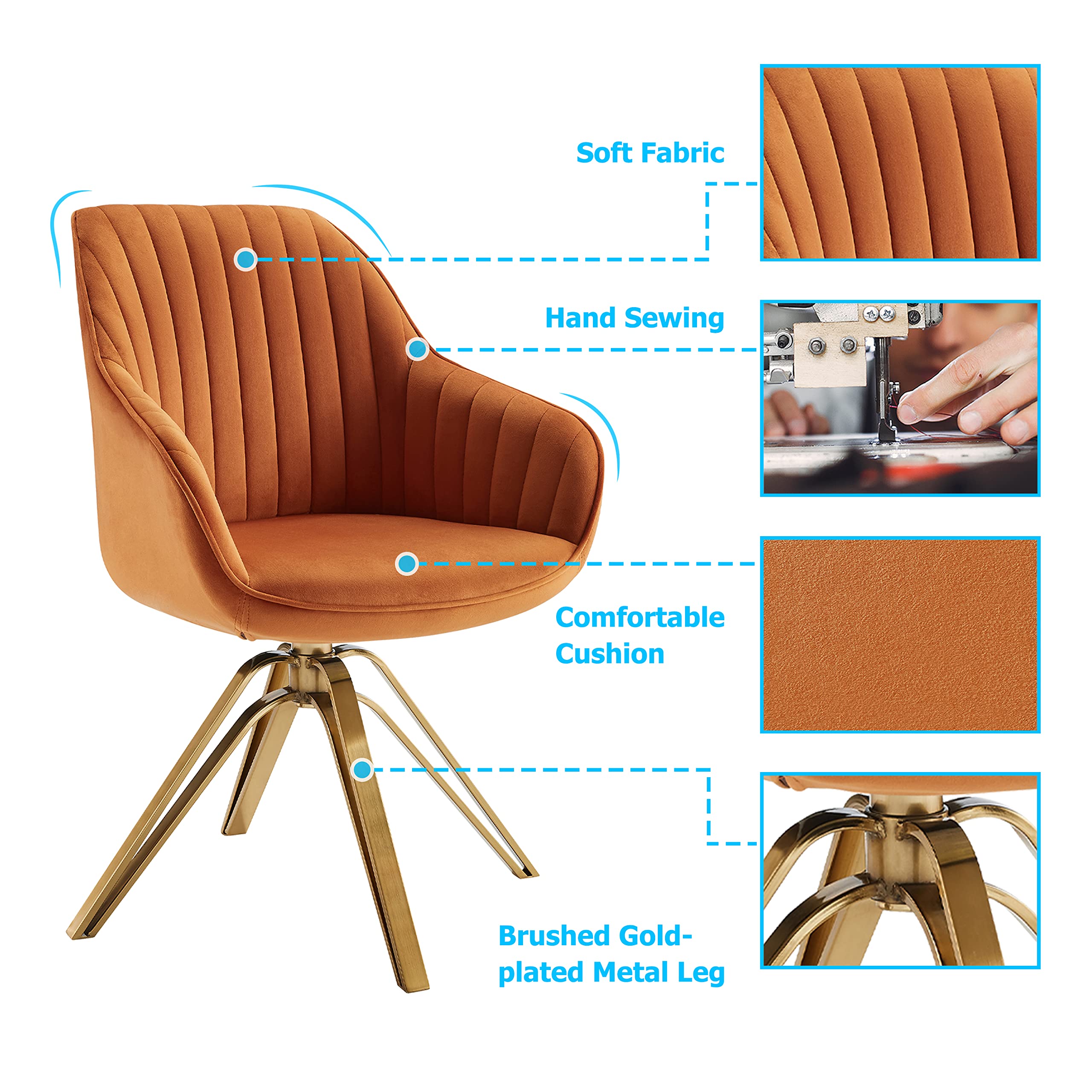 Volans Mid Century Modern Swivel Accent Chair - Hollow Brushed Gold Plated Legs, Office Desk Chair for Living Room, Dining Room & Small Spaces - Cinnamon Brown - Perfect for Home Office, Reading Nook & Lounge Areas