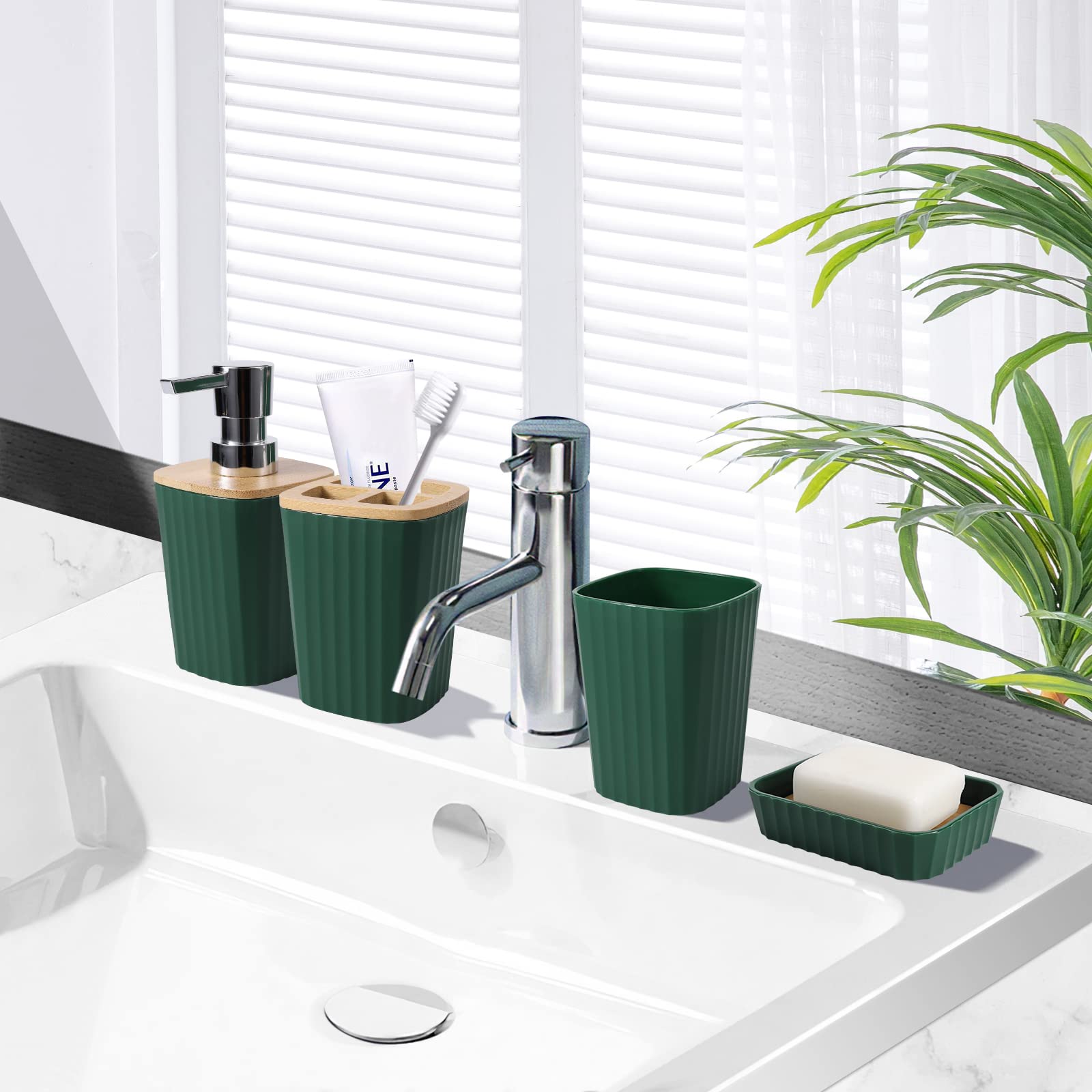 9-Piece Beige Bathroom Accessories Set - Includes Trash Can, Vanity Tray, Soap Dispenser, Soap Dish, Toothbrush Holder, Toothbrush Cup, Toilet Brush & Qtip Holders - Perfect for Home, Apartment, Hotel & Guest Bathroom Decor