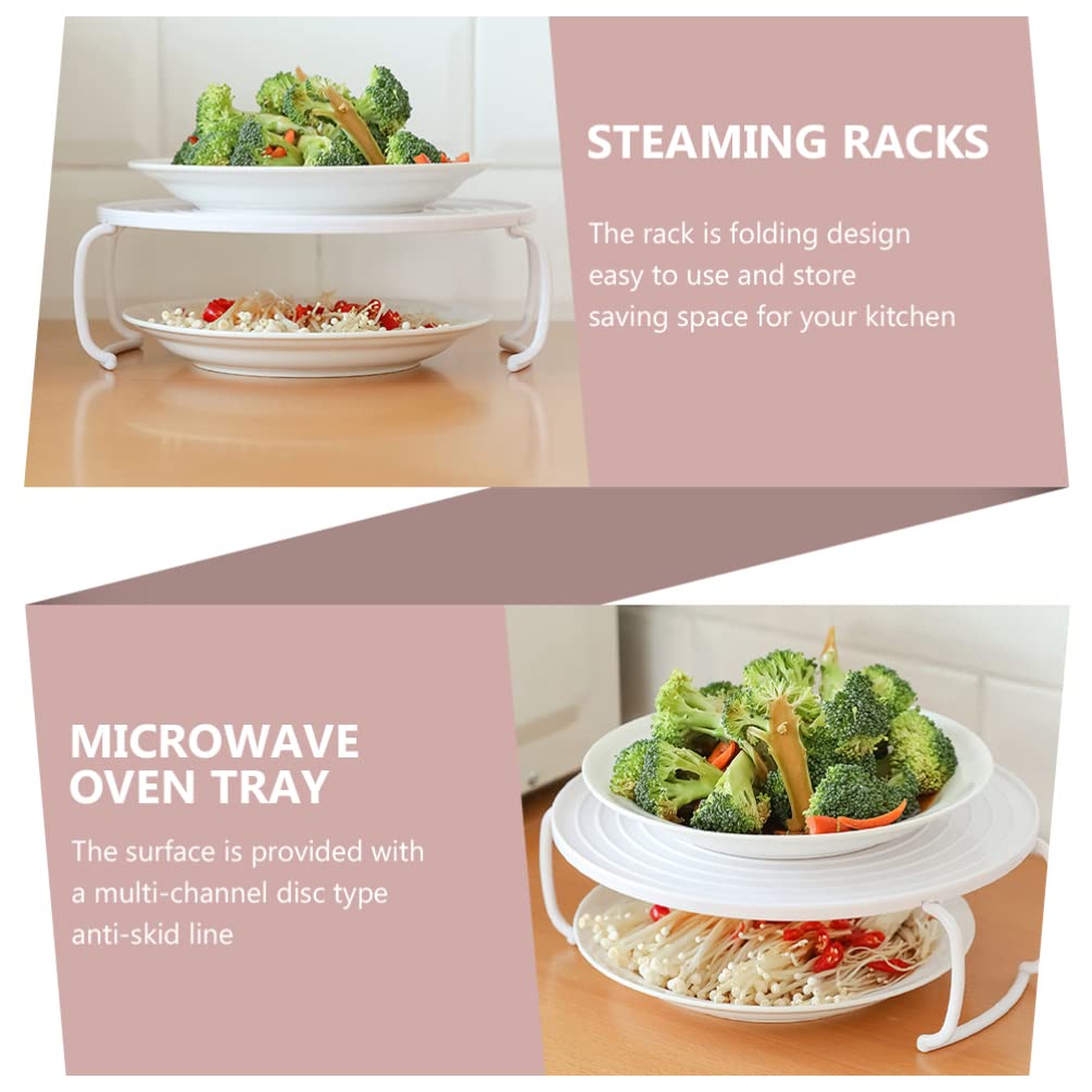 SOLUSTRE Foldable Microwave Plate Stacker - Plastic Steaming Tray Rack with Handle, Dish Stand Organizer for Kitchen, Cooking & Baking Accessories (White) - Perfect for Microwave Storage, Dish Drying & Countertop Organization