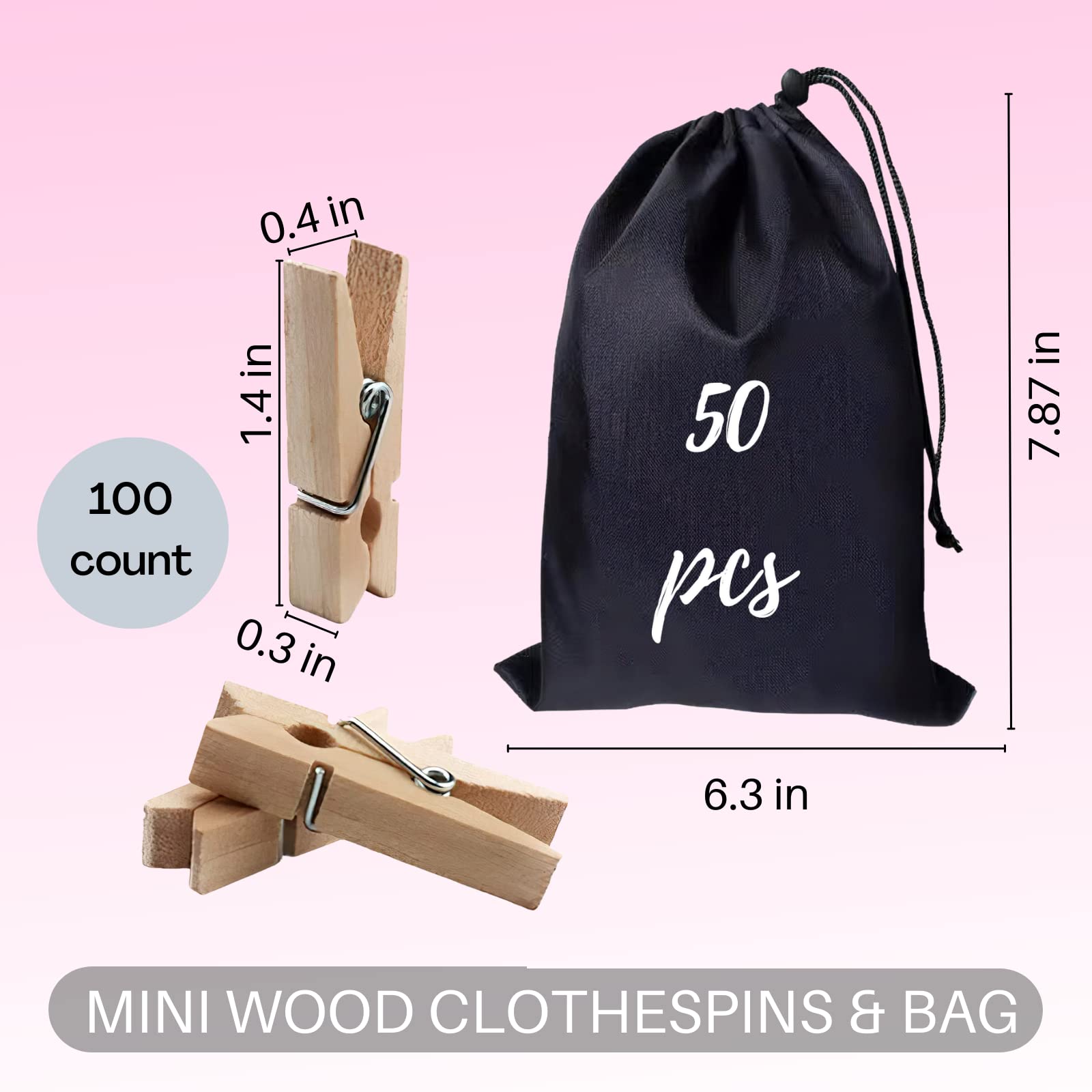 100-Piece Mini Wooden Clothespins with Storage Bag - Small Clips for Hanging Photos, DIY Crafts, Baby Shower Decor, Artwork Display & Laundry - Perfect for Home Organization & Creative Projects