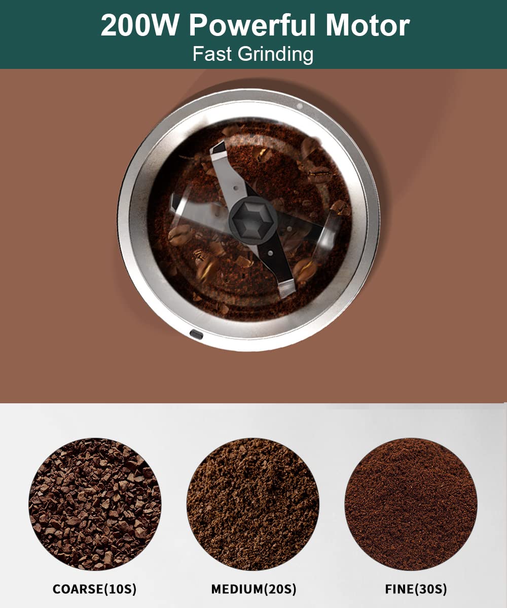 Premium Electric Coffee Grinder - One Touch Push Button Operation for Coffee Beans, Spices, Herbs, Nuts & Grains - Stainless Steel Blades (2oz Capacity) - Perfect for Home Kitchens, Coffee Shops & Camping Trips