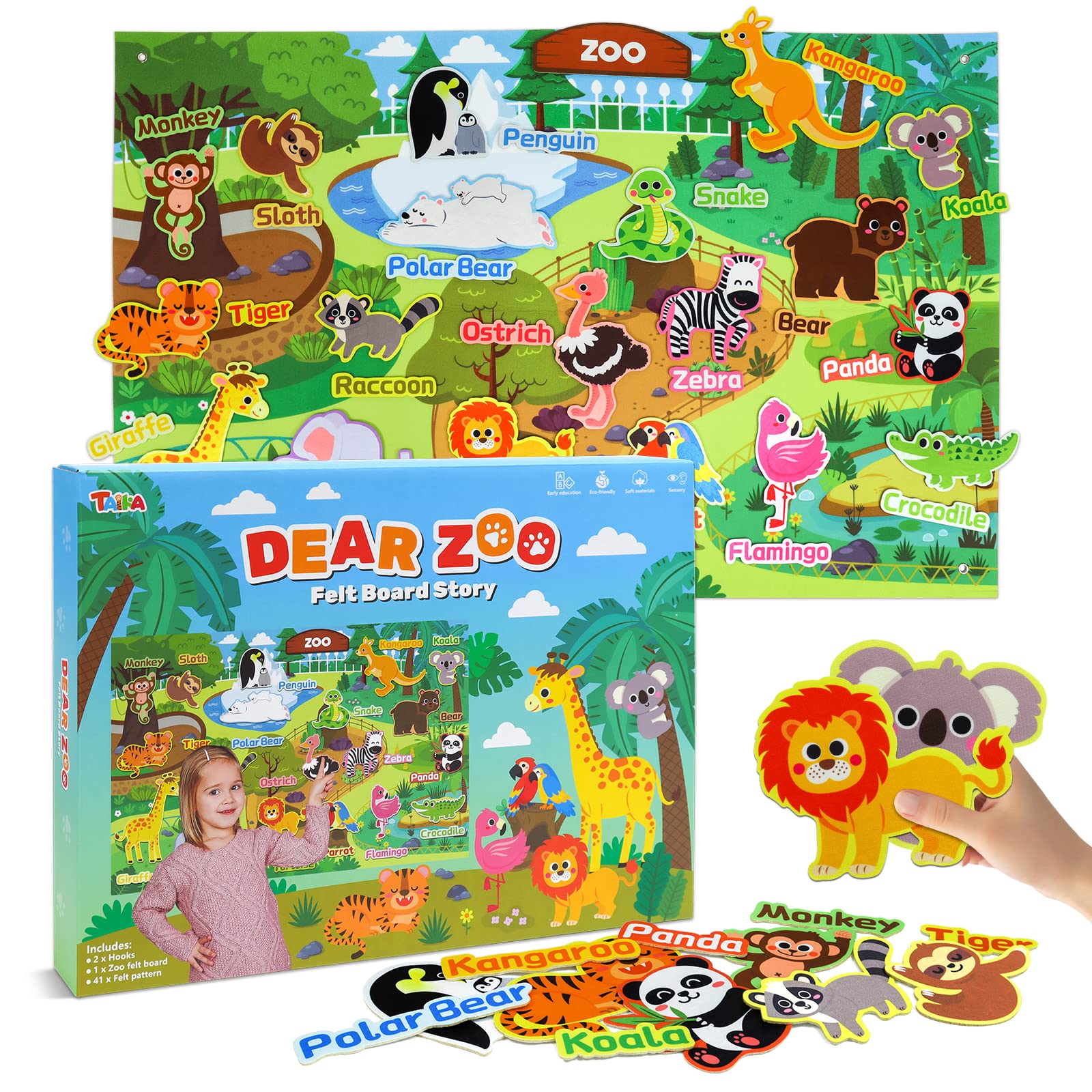 43x28 Inch Zoo Animals Felt Story Board Set - 41Pcs Jungle Animals Flannel Board for Preschool Learning | Interactive Storytelling Teaching Kit | Thick Felt Play Activity for Kids Classroom & Homeschool