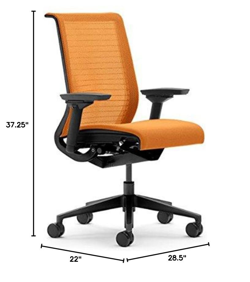 Steelcase Think 3D Knit Ergonomic Office Chair - Black Frame with 4-Way Adjustable Arms, Fixed Lumbar Support & Tangerine Fabric - Hard Floor Casters for Home Office, Workspace & Conference Room Use