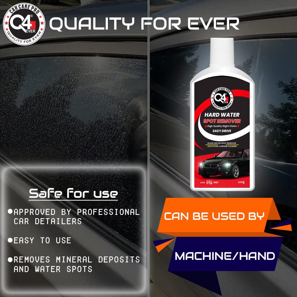 Q4 EVER Auto Care Glass Polish & Hard Water Spot Remover - 100g Cream for Car Windshield, Windows & Mirrors - Restores Clarity, Removes Stains & Mineral Deposits - Perfect for Auto Detailing & Home Glass Cleaning