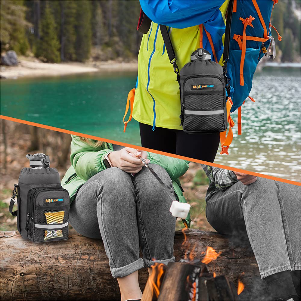 Insulated Water Bottle Carrier Bag with Adjustable Strap & Phone Pocket - SUN CUBE Crossbody Bottle Holder for 40oz/64oz - Perfect for Hiking, Gym, Travel & Outdoor Activities