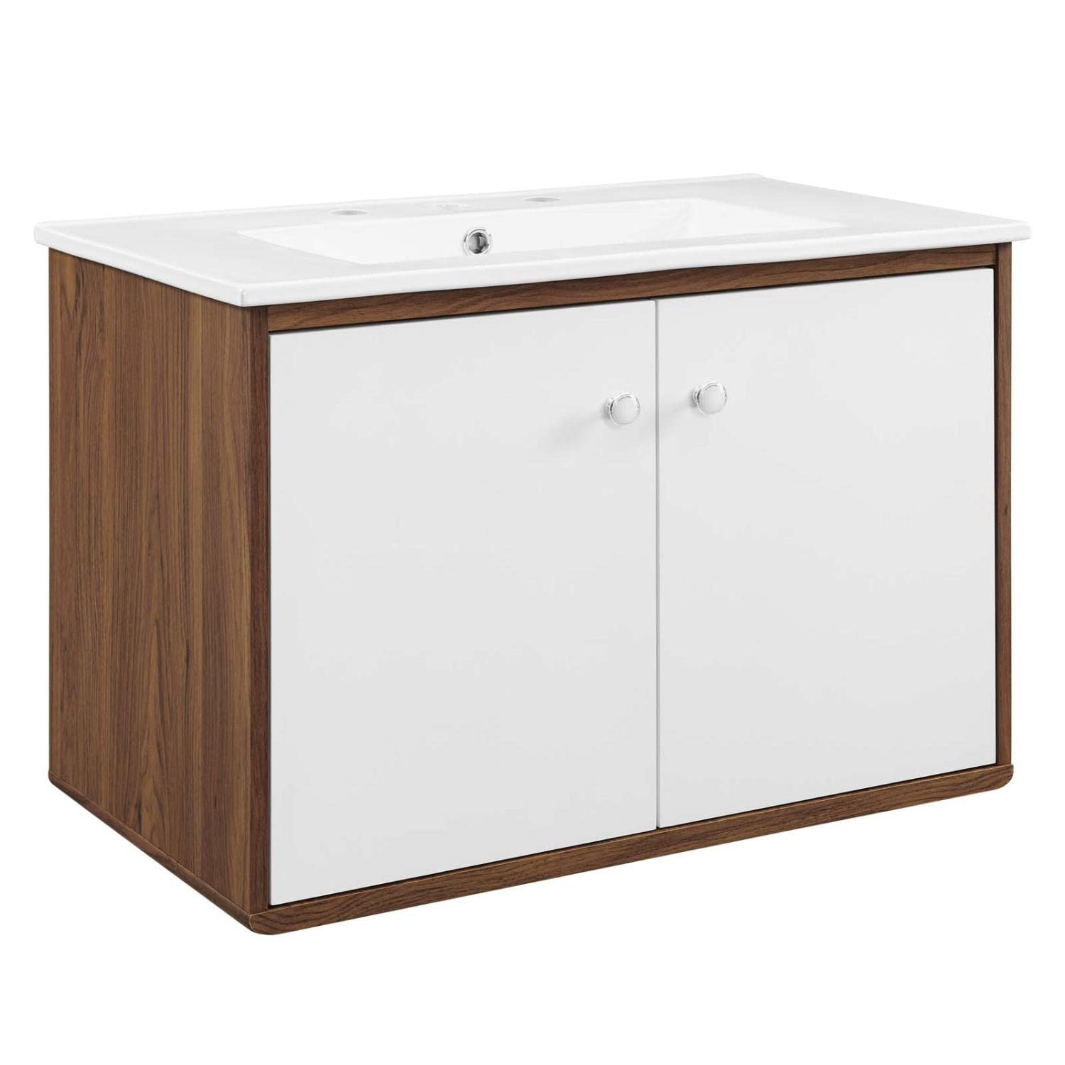 Modway Transmit 30-Inch Wall-Mount Bathroom Vanity in Walnut & White - Modern Space-Saving Storage Solution for Small Bathrooms & Powder Rooms