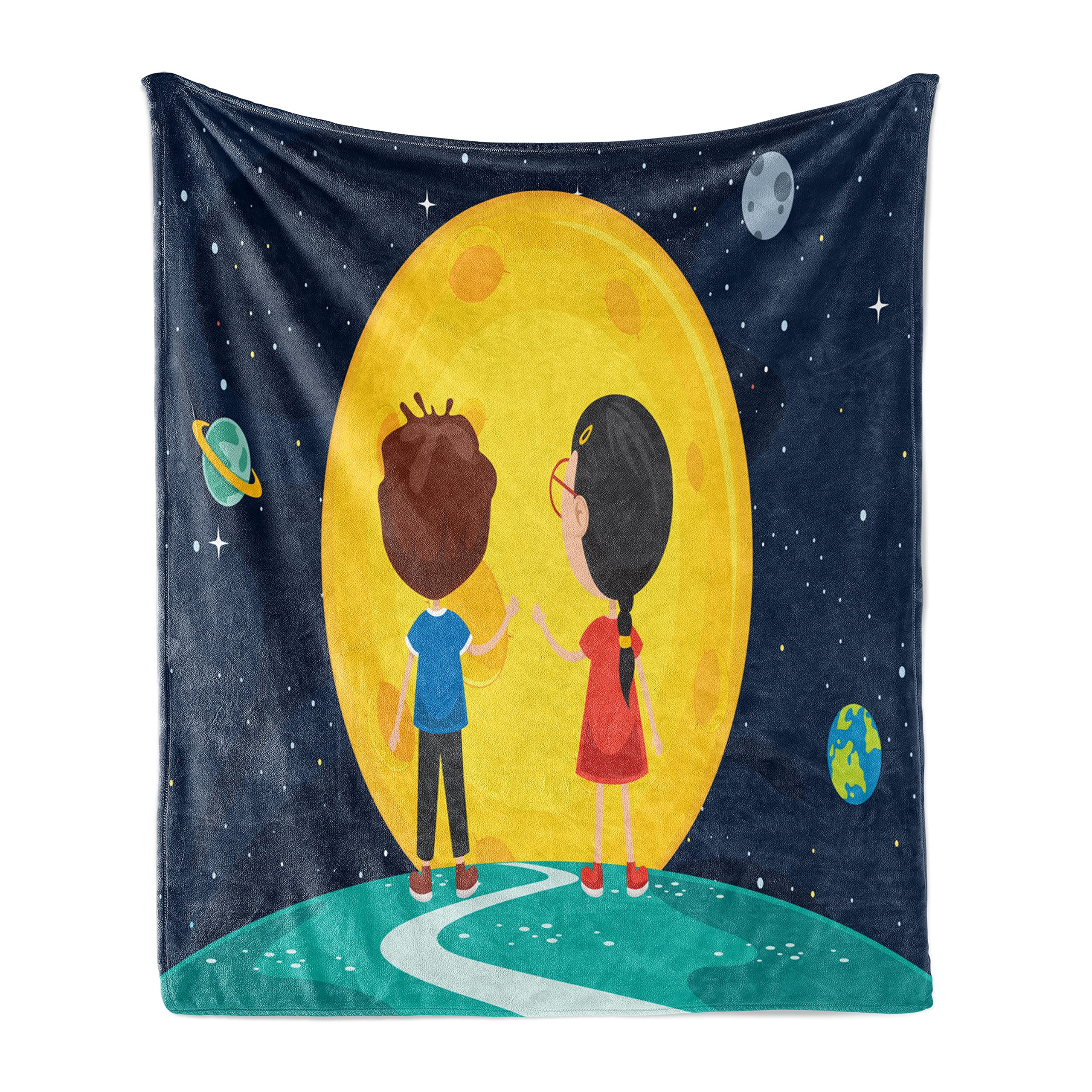 Ambesonne Cartoon Space Themed Throw Blanket - Soft Flannel Fleece Blanket with Moon and Planets Design, Featuring Boy and Girl Exploring - 50