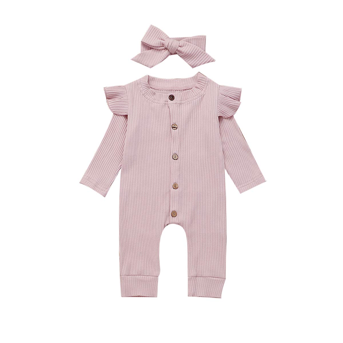 FIOMVA Newborn Baby Girl Ruffle Long Sleeve Romper Jumpsuit with Headband - Soft Cotton Fall Outfit for Photoshoots, Family Gatherings & Special Occasions