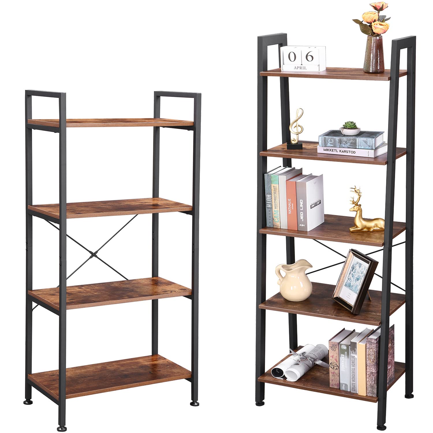 BEWISHOME 5-Tier Ladder Bookshelf with 4-Tier Bookcase - Multifunctional Storage Organizer for Home Office, Living Room, Bedroom | Space-Saving Display Shelves & Plant Stand | Perfect for Small Spaces, Dorm Rooms & Apartment Decor JCJ12Z11Z