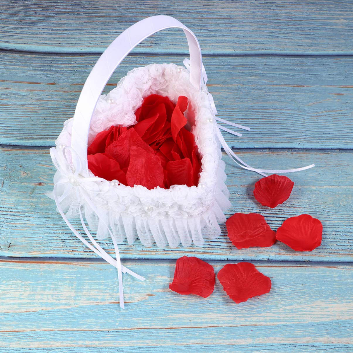 Happyyami White Heart-Shaped Lace Wedding Basket with Satin Roses - Bridal Flower Petal Holder for Wedding Ceremony, Reception & Party Decorations - Perfect for Aisle Scattering, Table Centerpieces & Photo Props