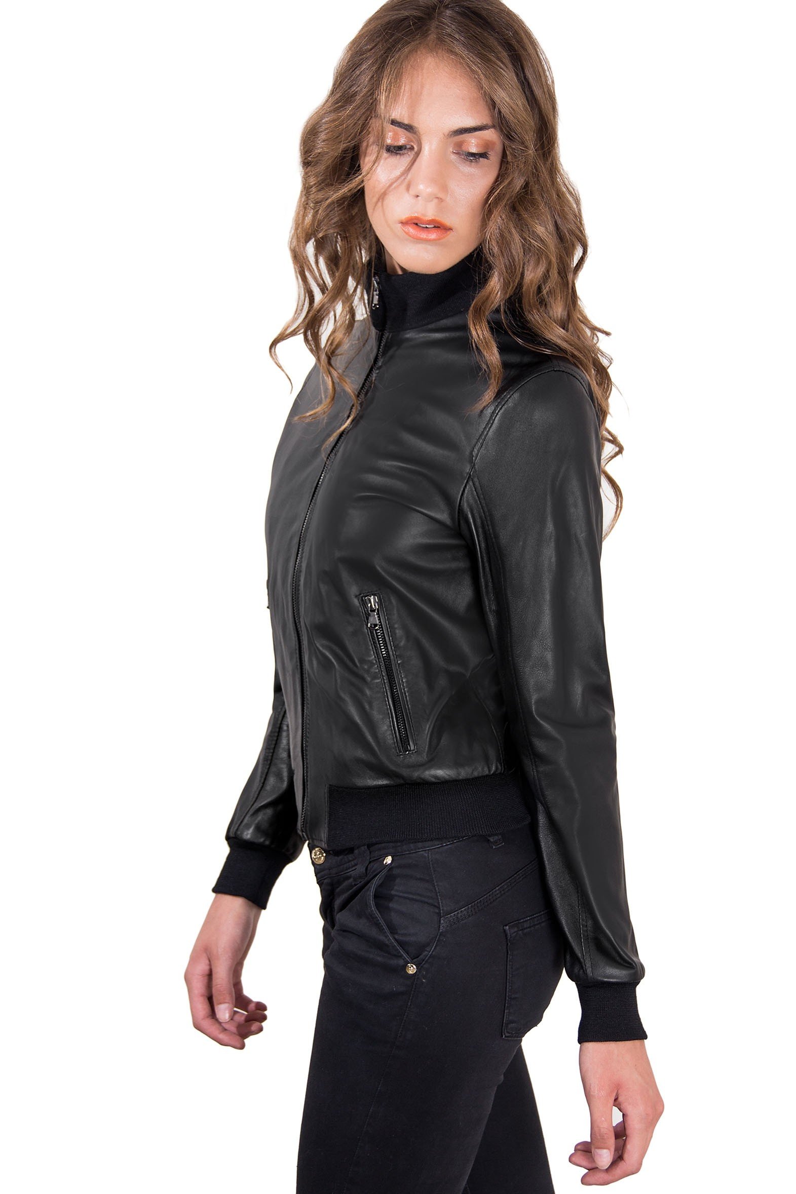 D'Arienzo Black Leather Bomber Jacket for Women | Made in Italy | Spring Motorcycle Jacket | Genuine Leather | Size XXS | Perfect for Casual Outings & Motorcycle Rides