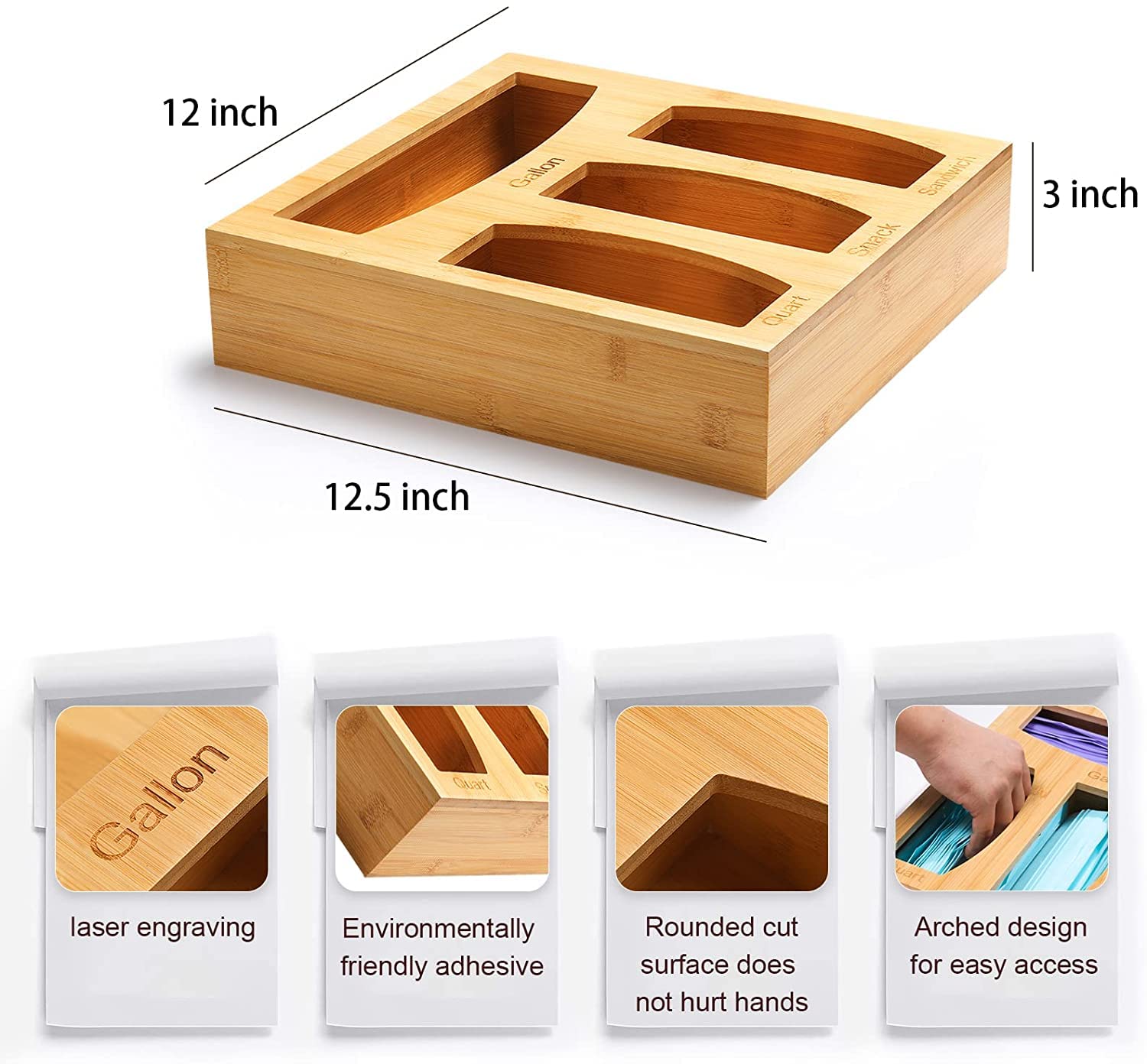 Bamboo Kitchen Drawer Organizer for Food Storage Bags - 4-Slot Holder for Gallon, Quart, Sandwich & Snack Bags (Fits Solimo, Glad, Hefty) - Perfect for Pantry Organization & Easy Bag Access